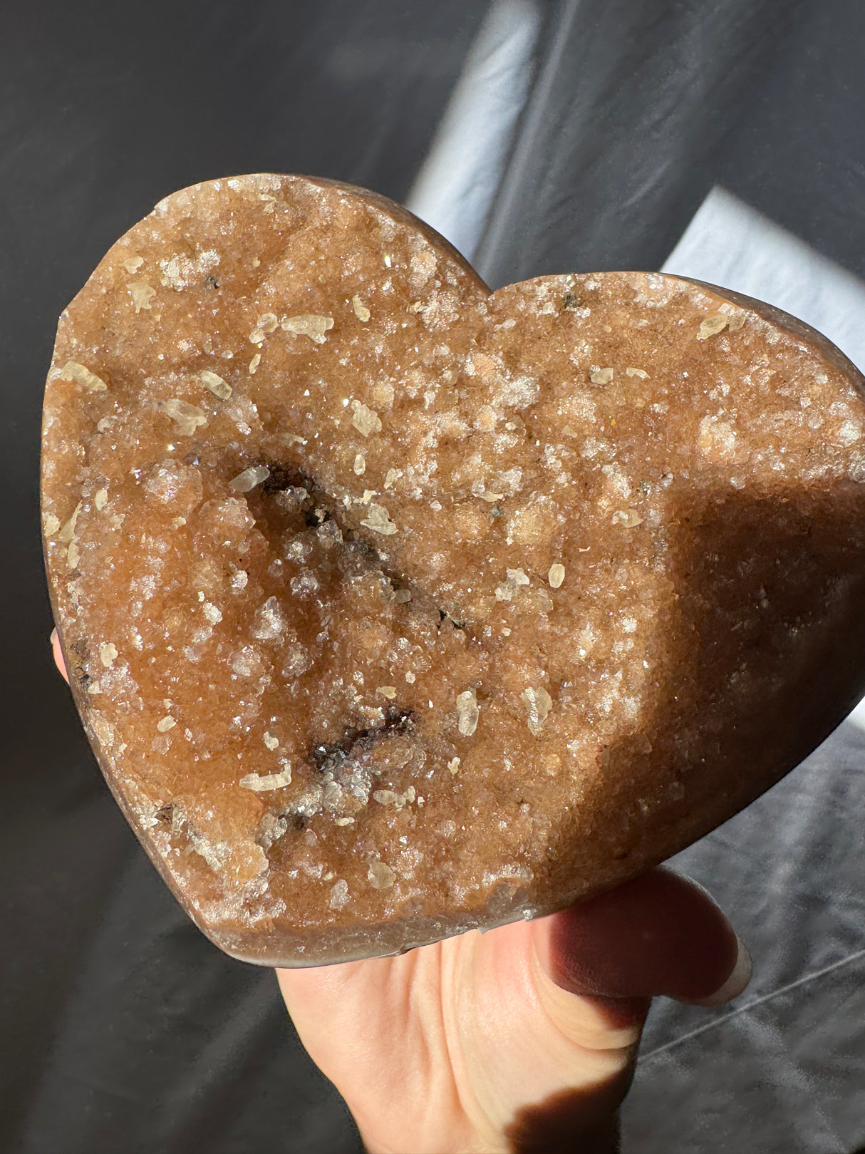 Orange Rainbow Amethyst Heart with Calcite inclusions