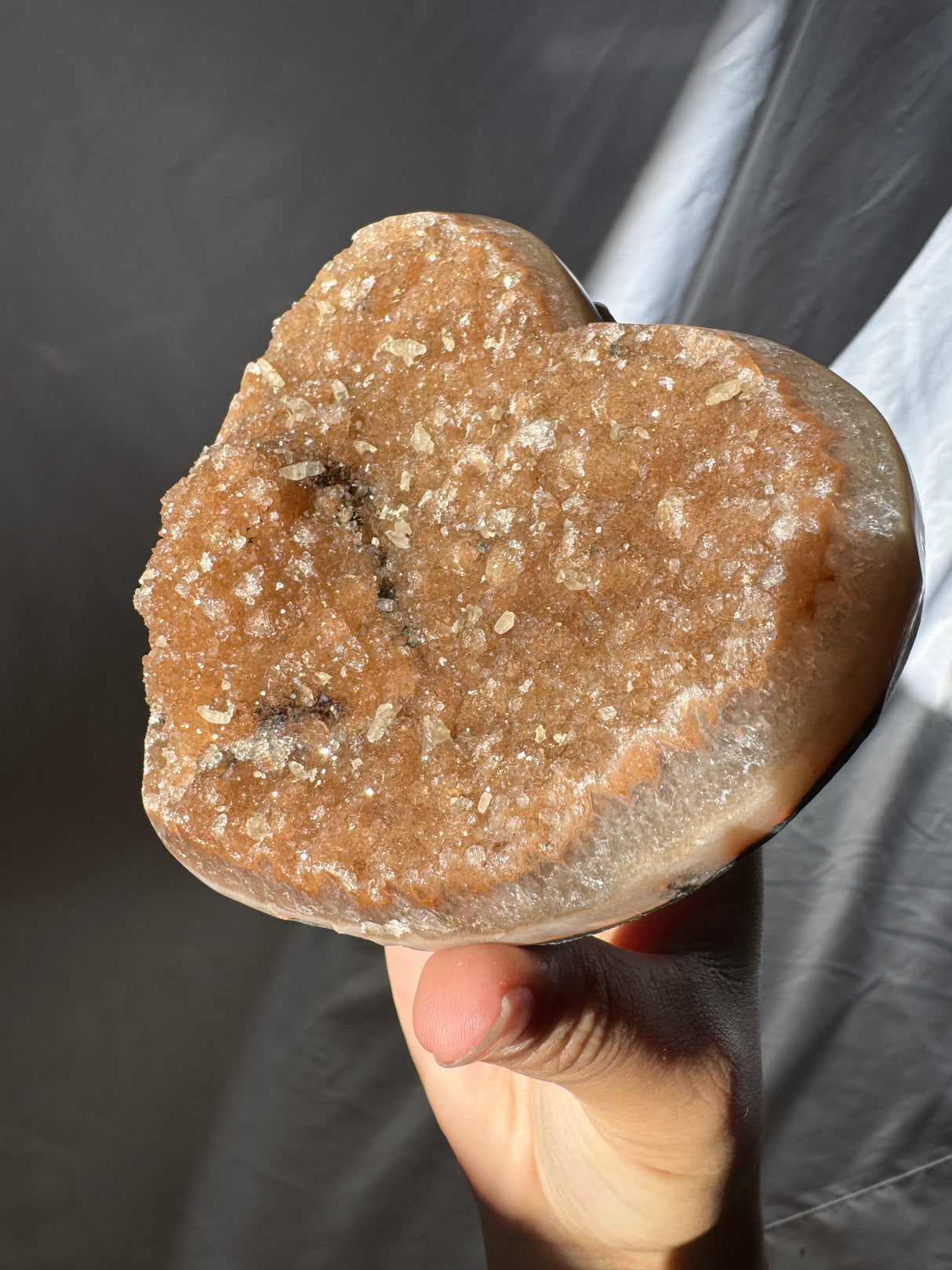 Orange Rainbow Amethyst Heart with Calcite inclusions