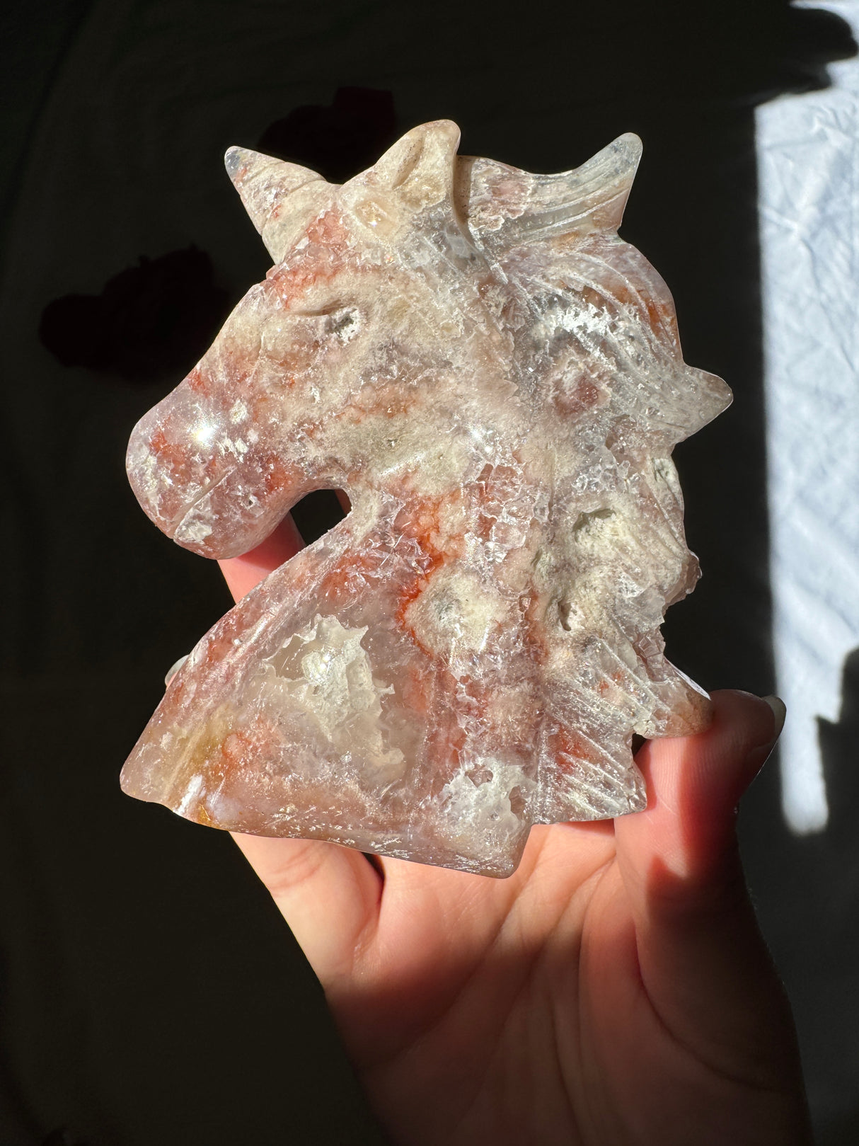 Hand Carved Pink Amethyst x Flower Agate Unicorn