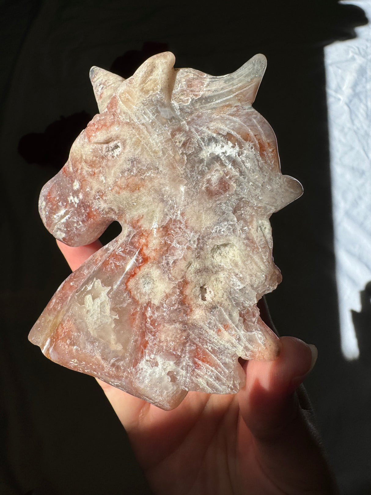 Hand Carved Pink Amethyst x Flower Agate Unicorn