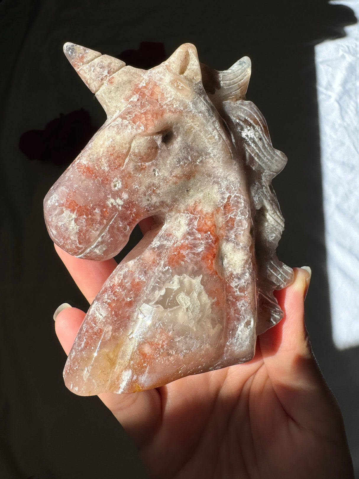 Hand Carved Pink Amethyst x Flower Agate Unicorn