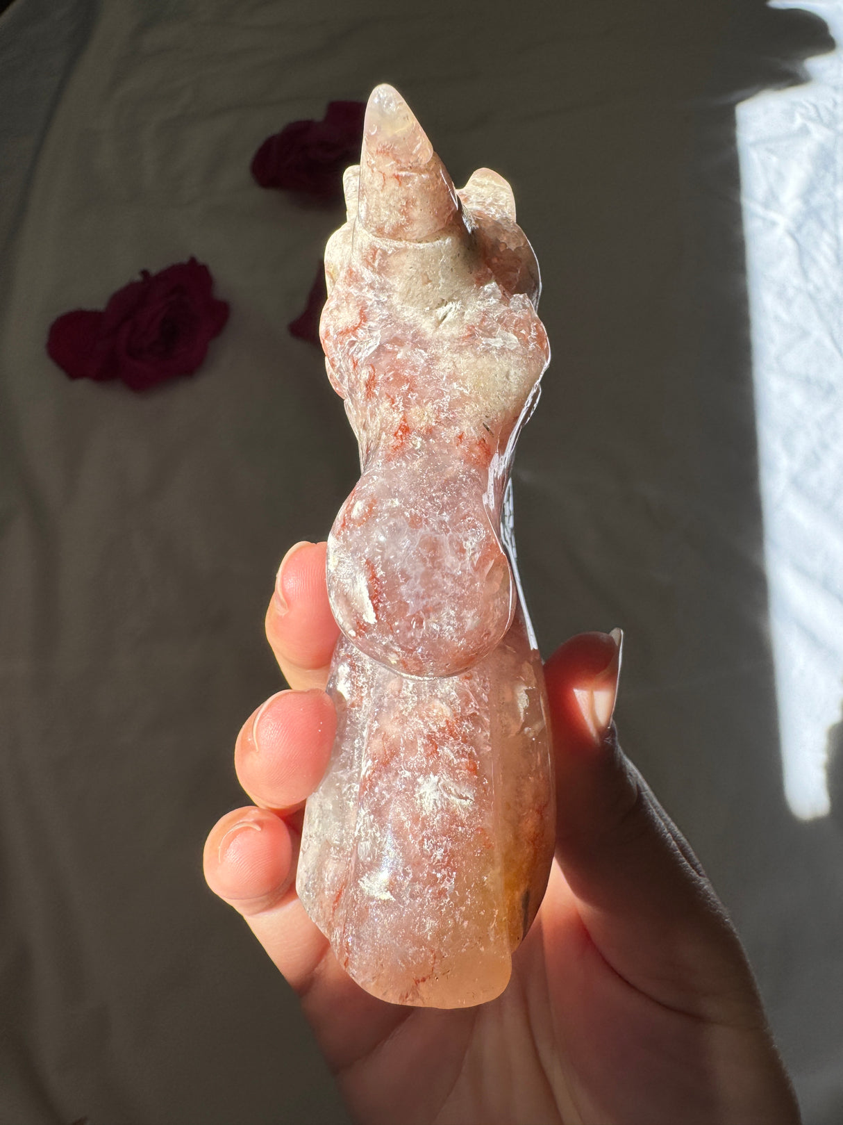 Hand Carved Pink Amethyst x Flower Agate Unicorn