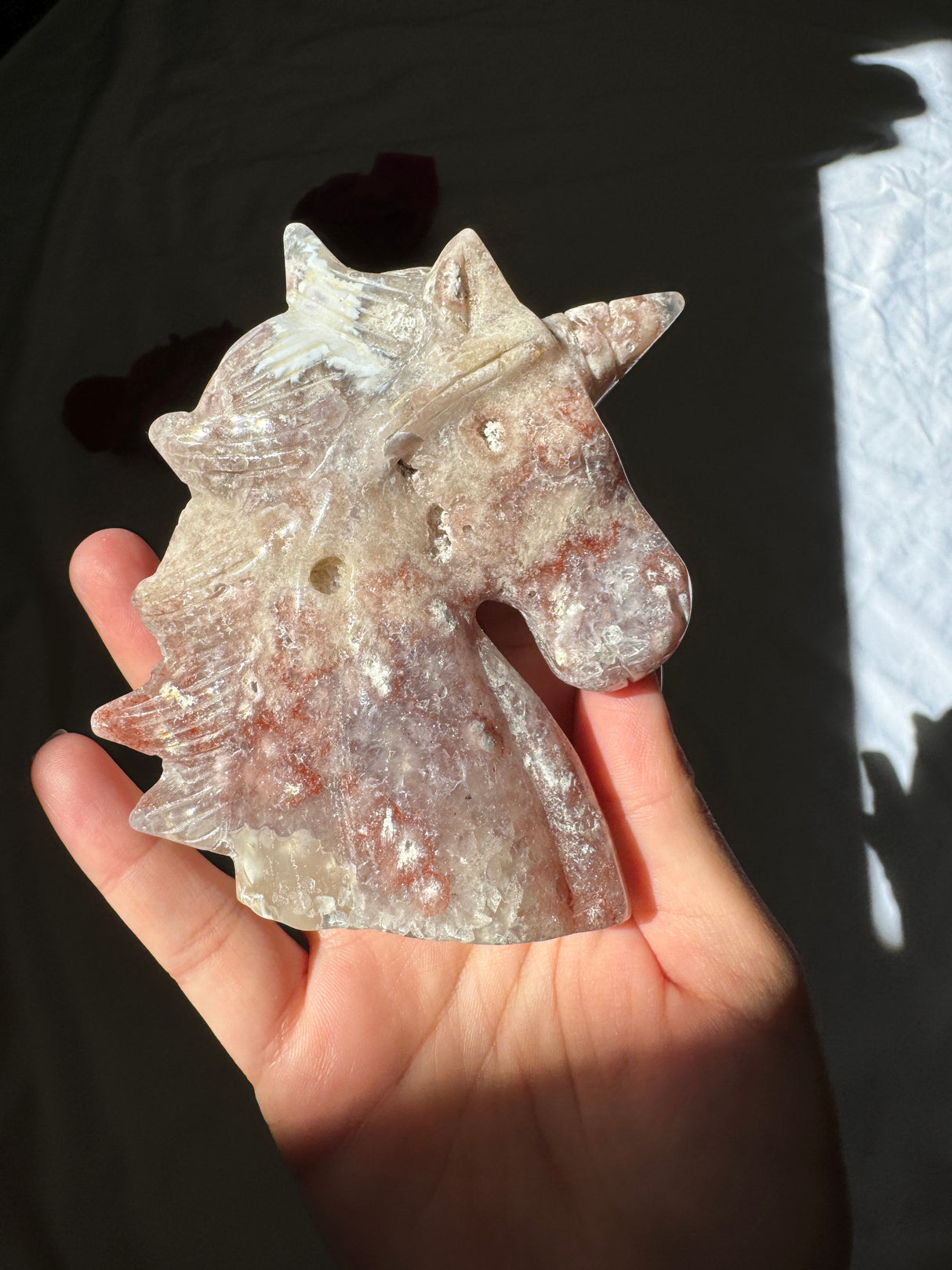 Hand Carved Pink Amethyst x Flower Agate Unicorn