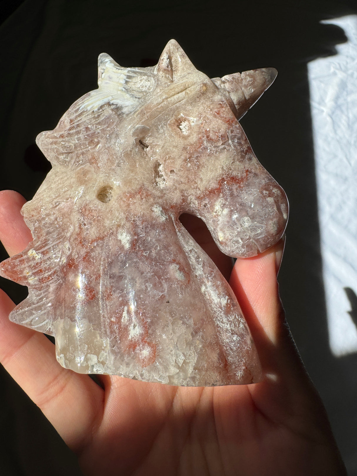 Hand Carved Pink Amethyst x Flower Agate Unicorn