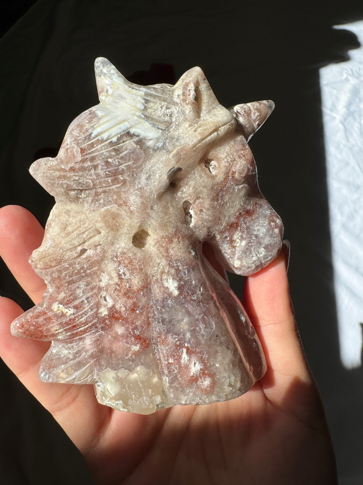 Hand Carved Pink Amethyst x Flower Agate Unicorn