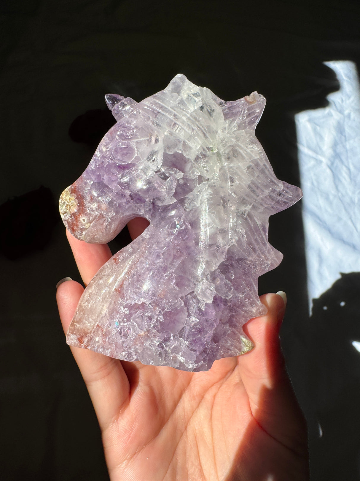 Hand Carved Flower Agate x Amethyst Unicorn (imperfect)