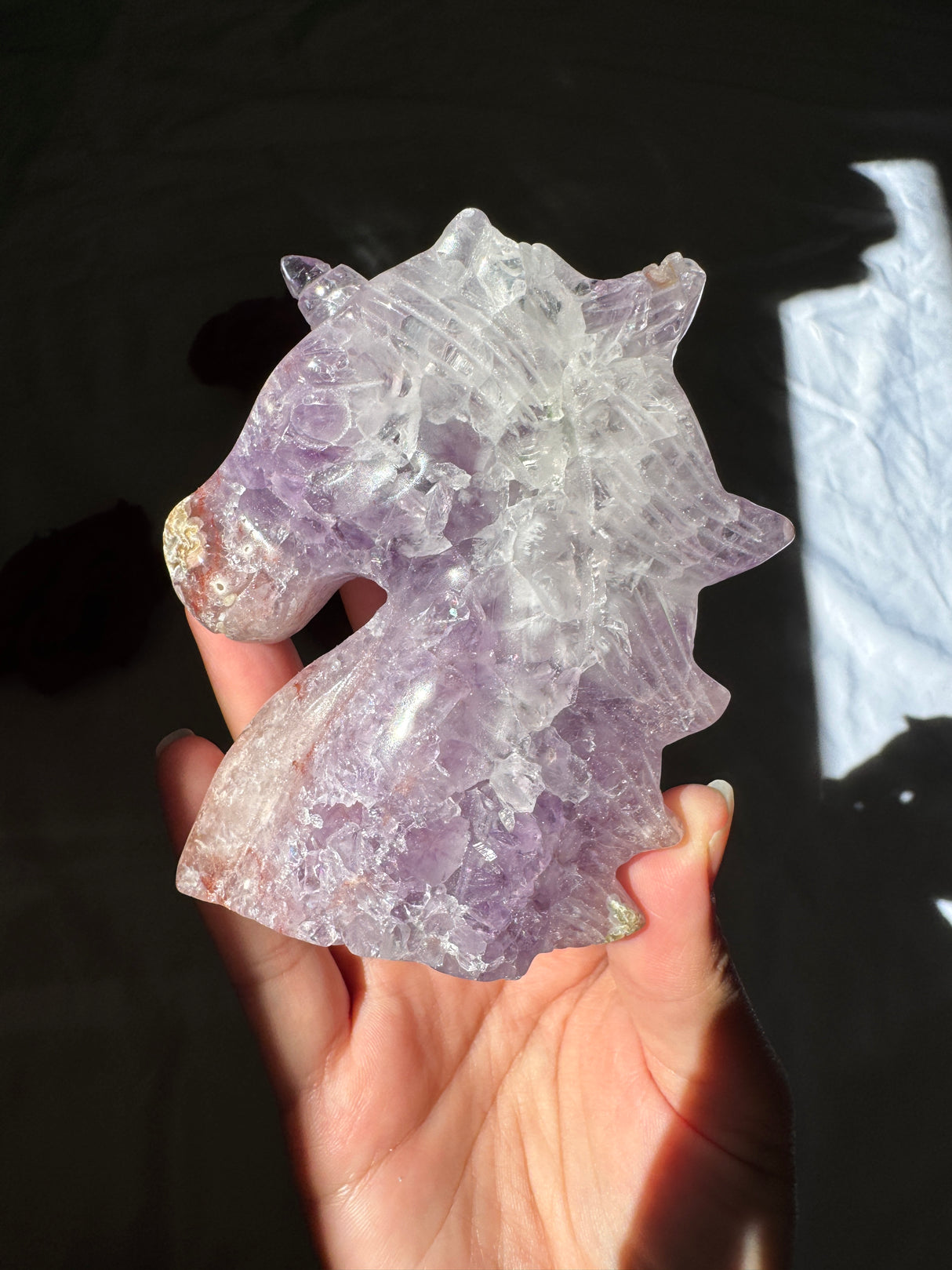 Hand Carved Flower Agate x Amethyst Unicorn (imperfect)