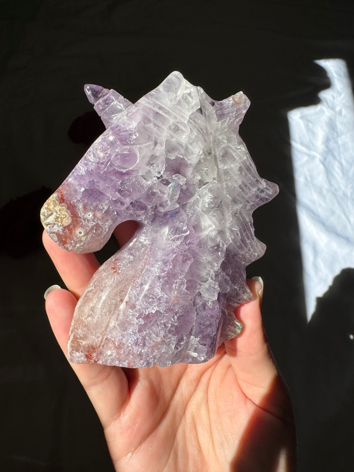 Hand Carved Flower Agate x Amethyst Unicorn (imperfect)