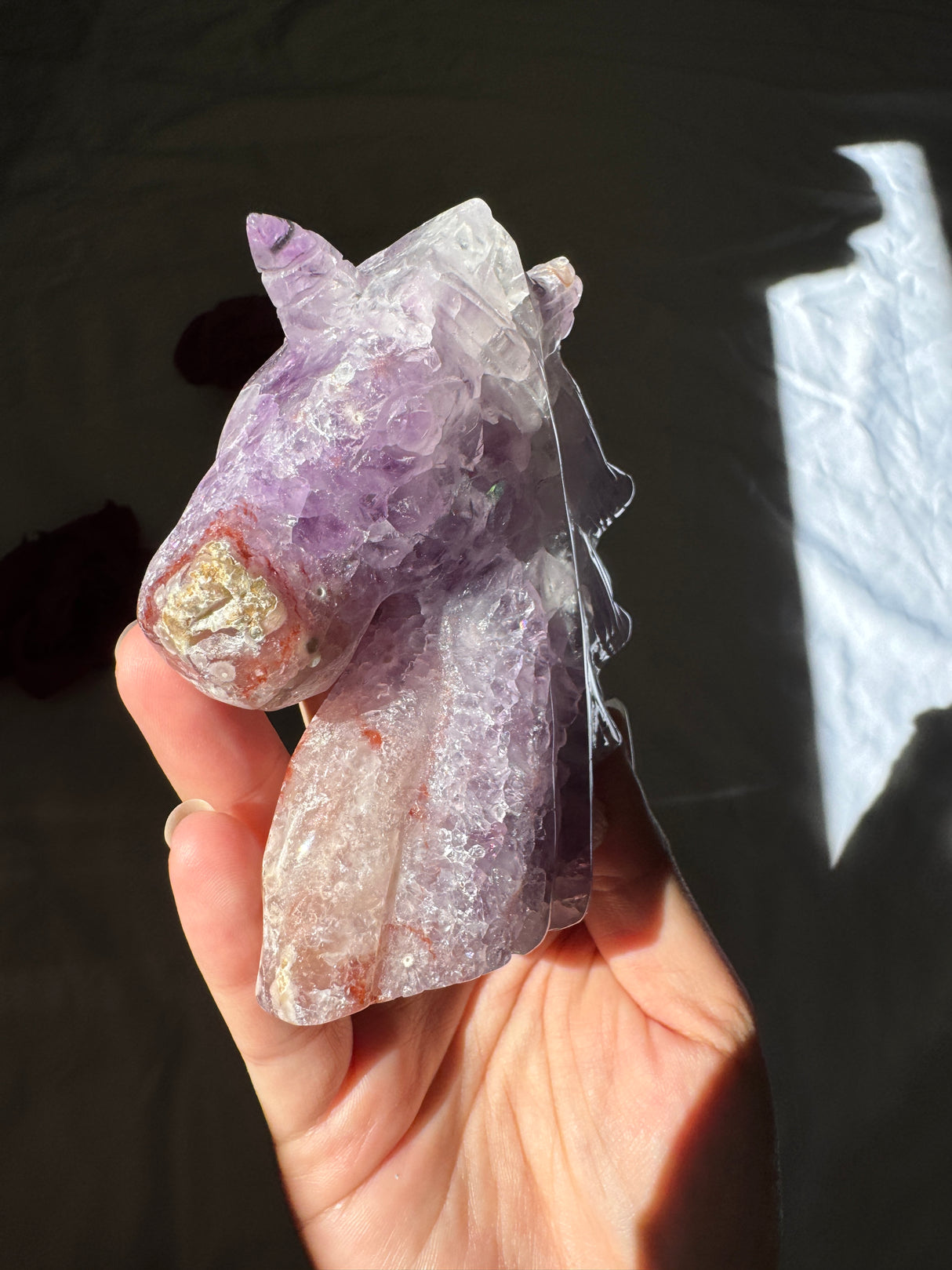 Hand Carved Flower Agate x Amethyst Unicorn (imperfect)