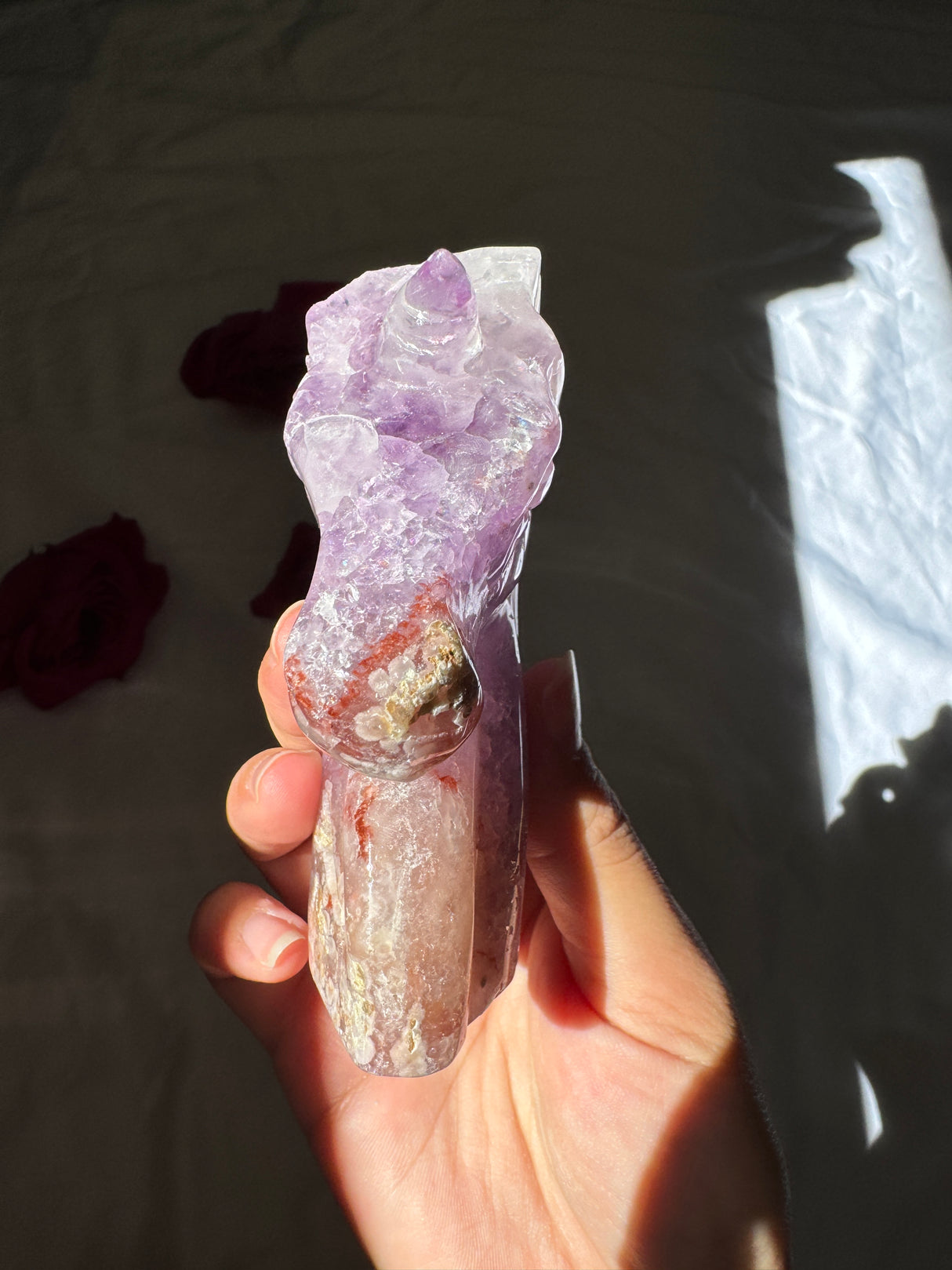 Hand Carved Flower Agate x Amethyst Unicorn (imperfect)