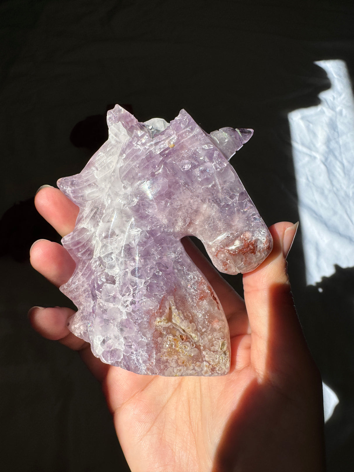 Hand Carved Flower Agate x Amethyst Unicorn (imperfect)