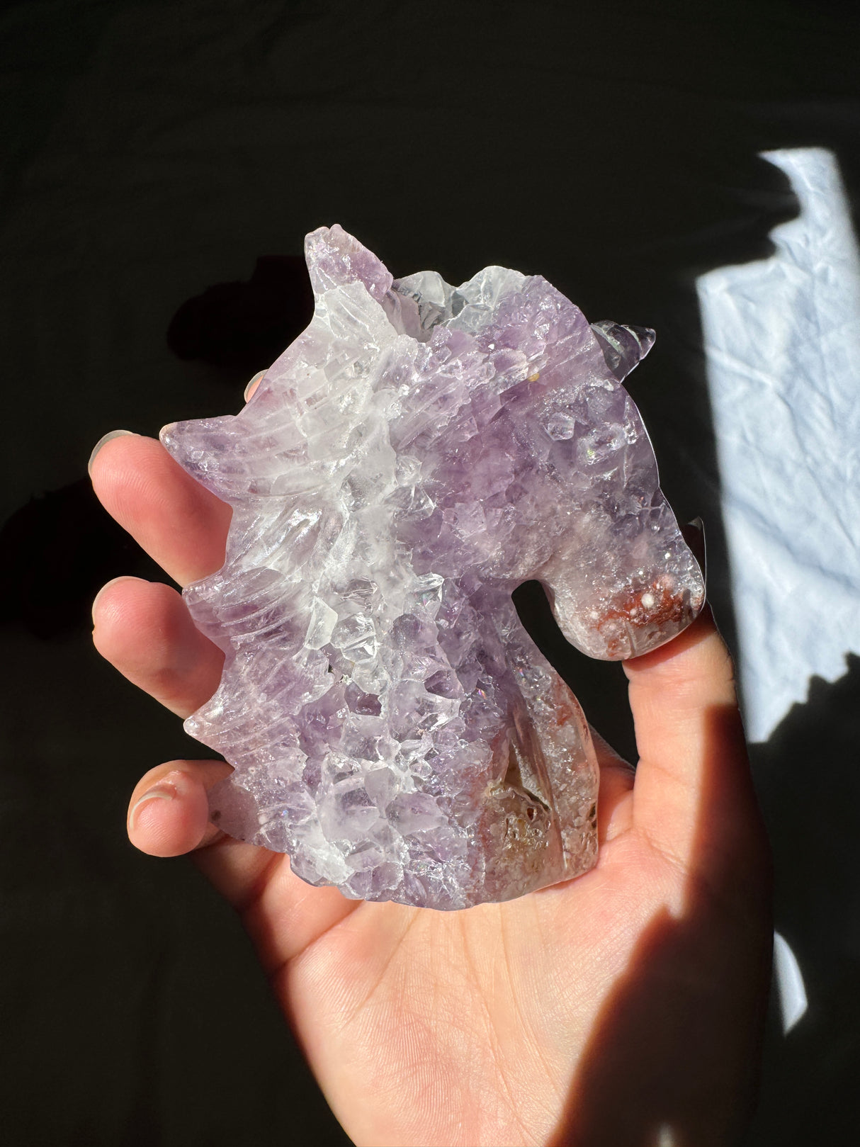 Hand Carved Flower Agate x Amethyst Unicorn (imperfect)