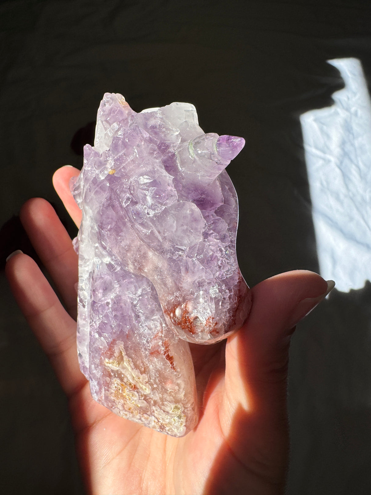 Hand Carved Flower Agate x Amethyst Unicorn (imperfect)