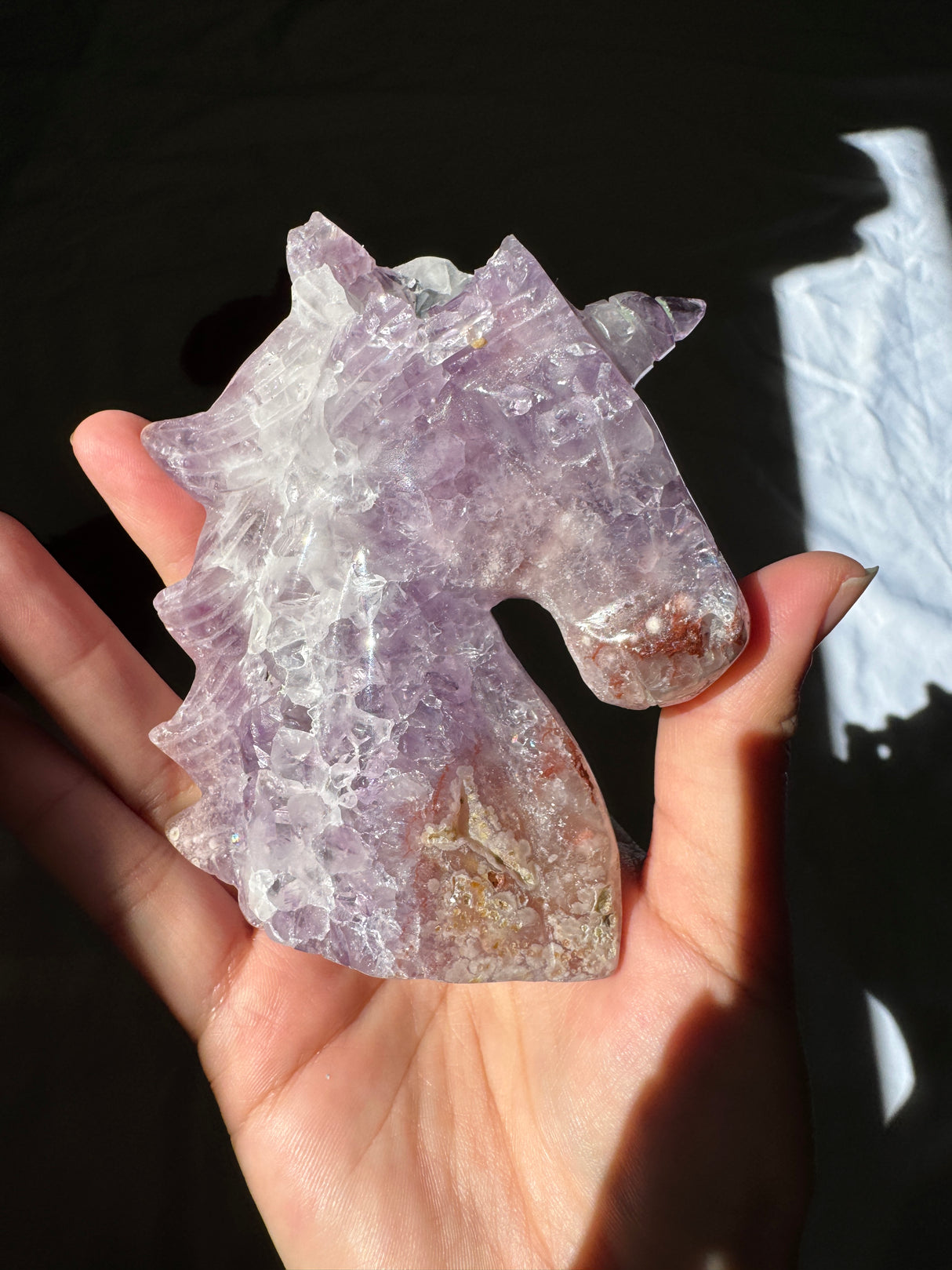 Hand Carved Flower Agate x Amethyst Unicorn (imperfect)