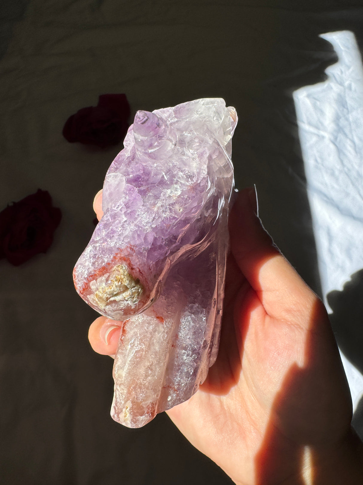 Hand Carved Flower Agate x Amethyst Unicorn (imperfect)