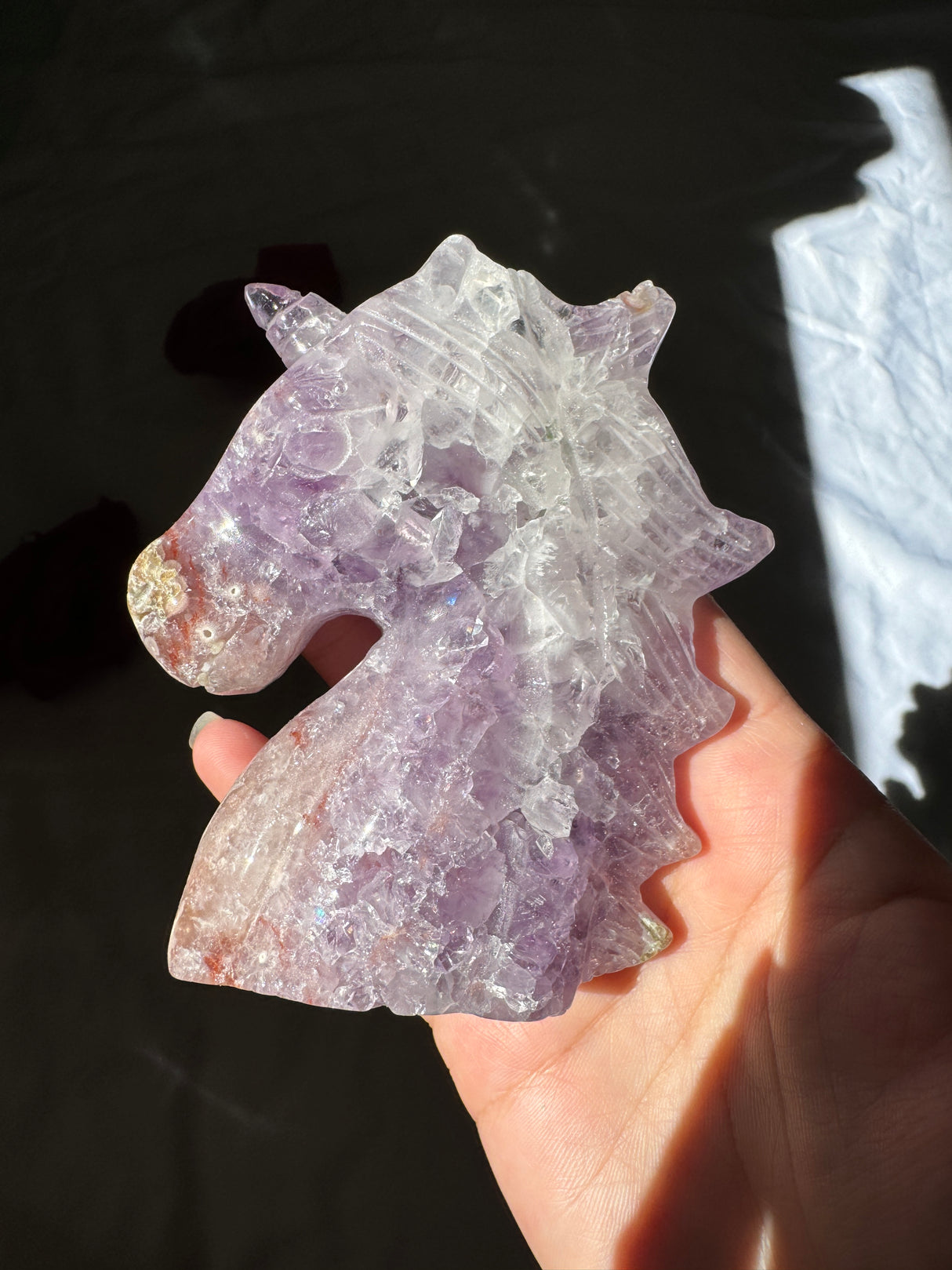 Hand Carved Flower Agate x Amethyst Unicorn (imperfect)