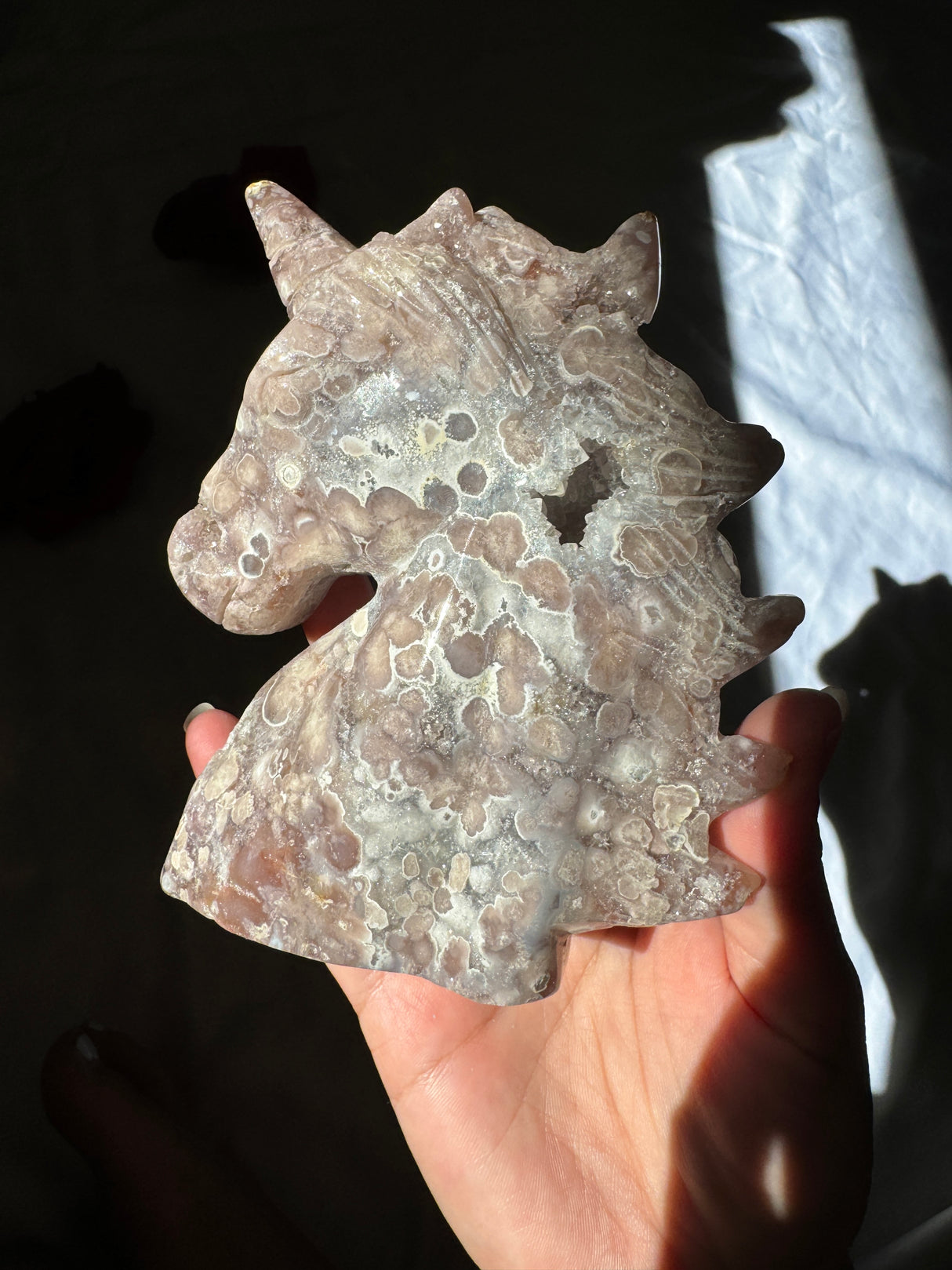 Hand Carved Pink Amethyst x Flower Agate Unicorn