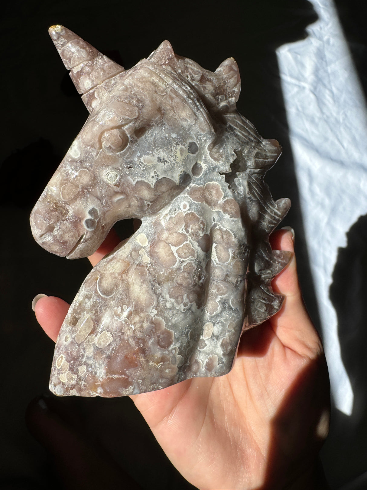 Hand Carved Pink Amethyst x Flower Agate Unicorn