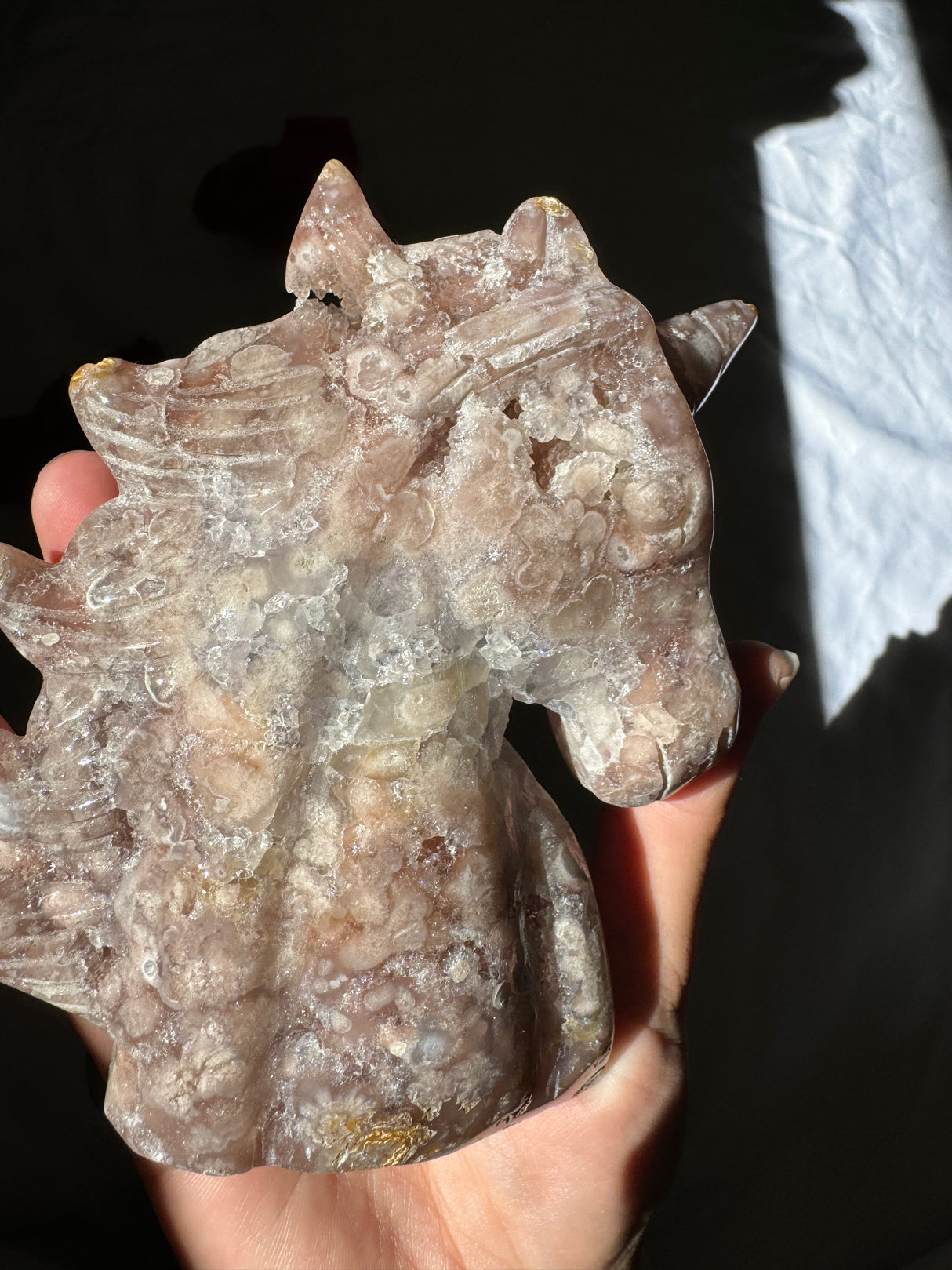 Hand Carved Pink Amethyst x Flower Agate Unicorn