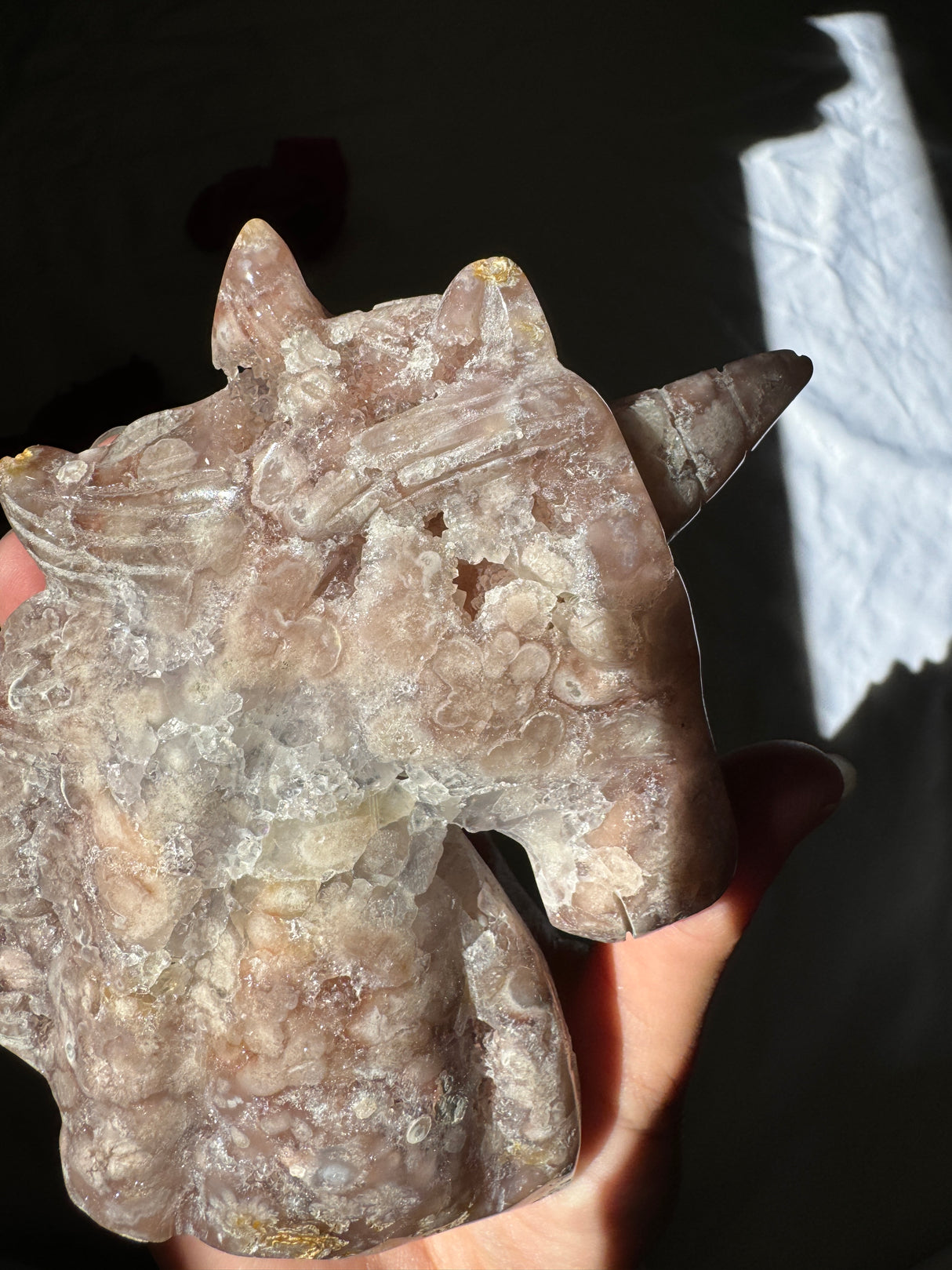 Hand Carved Pink Amethyst x Flower Agate Unicorn