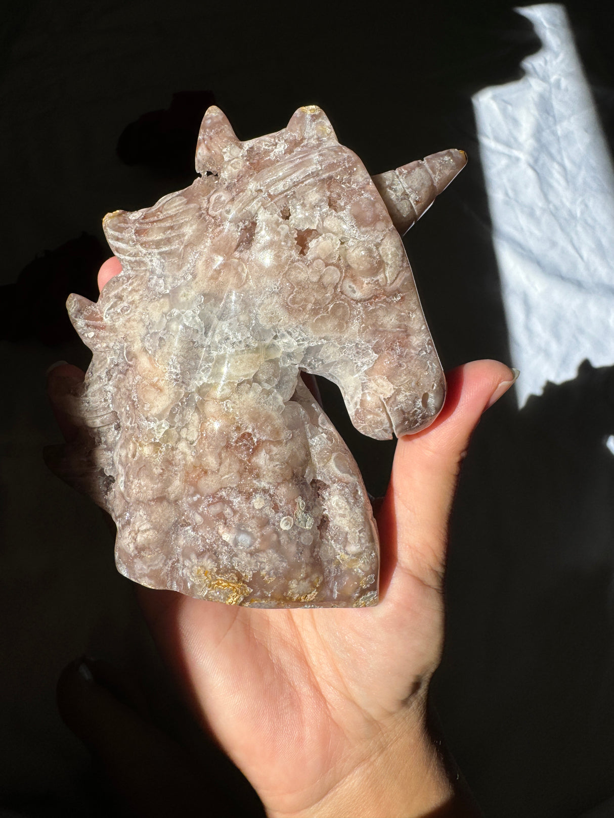 Hand Carved Pink Amethyst x Flower Agate Unicorn