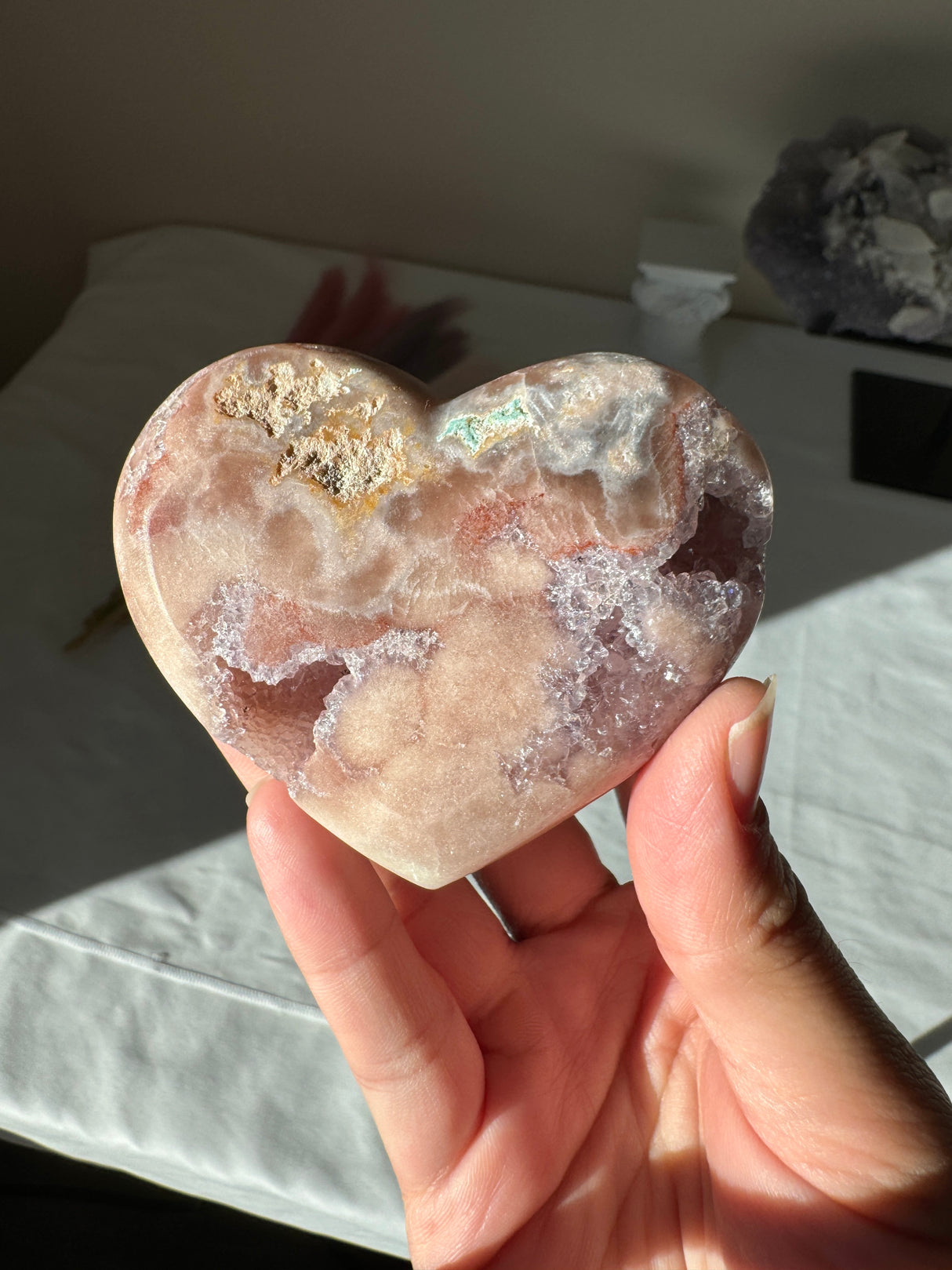 Double Sided Pink Amethyst Heart with Amethyst Veins and Druzy