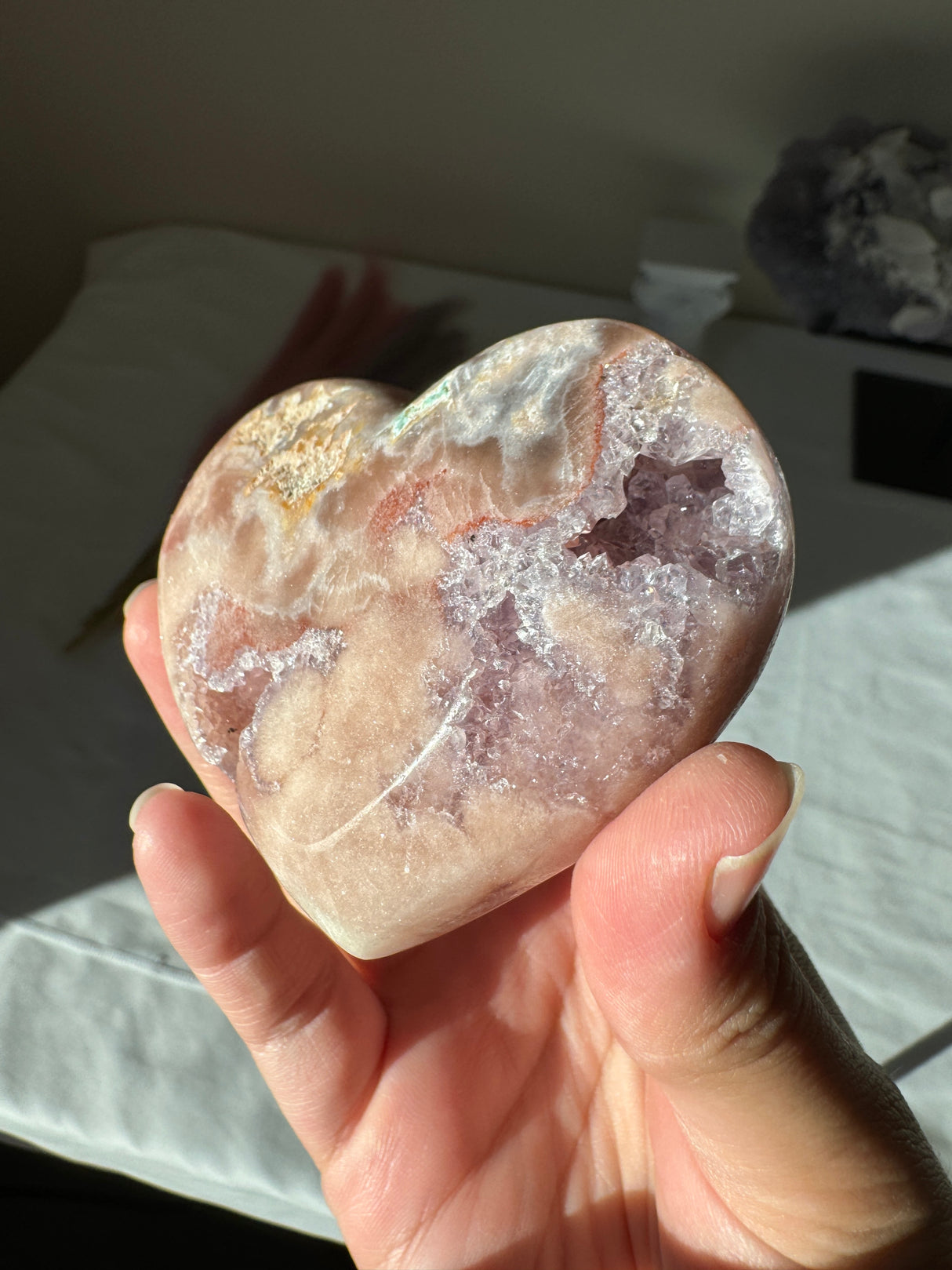 Double Sided Pink Amethyst Heart with Amethyst Veins and Druzy