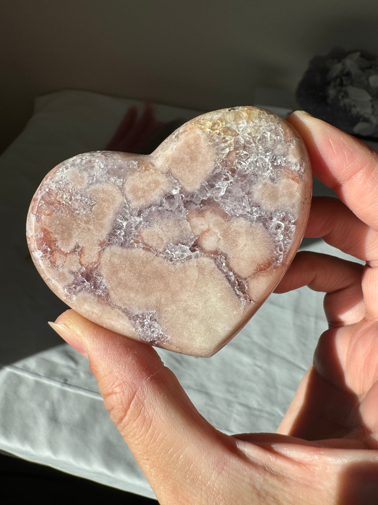 Double Sided Pink Amethyst Heart with Amethyst Veins and Druzy