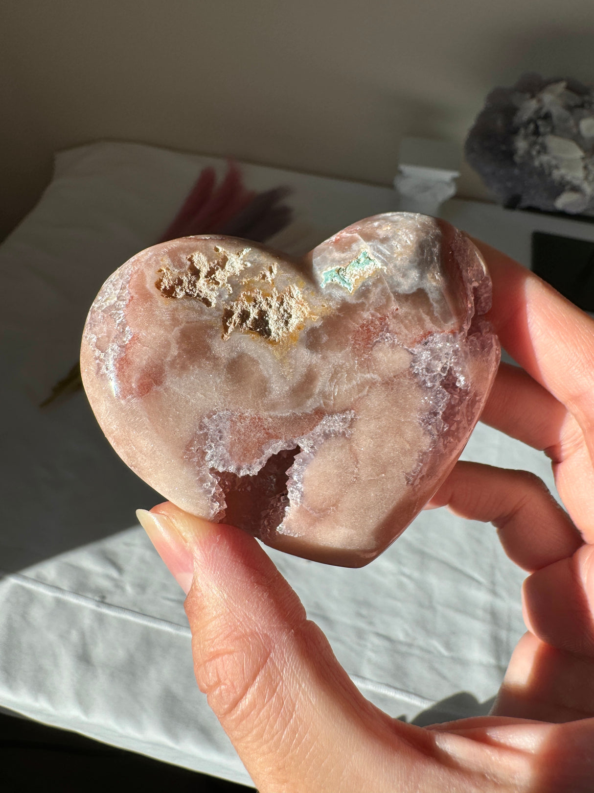 Double Sided Pink Amethyst Heart with Amethyst Veins and Druzy