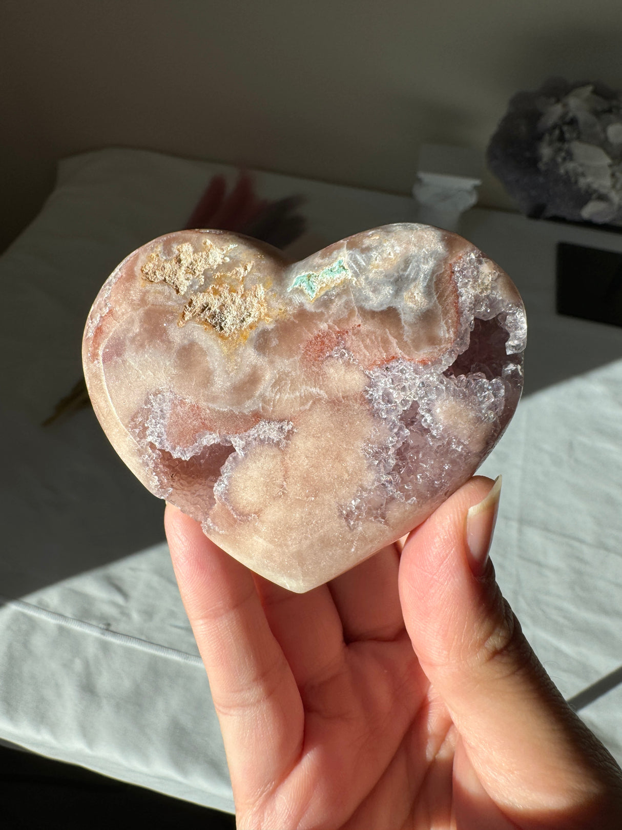 Double Sided Pink Amethyst Heart with Amethyst Veins and Druzy