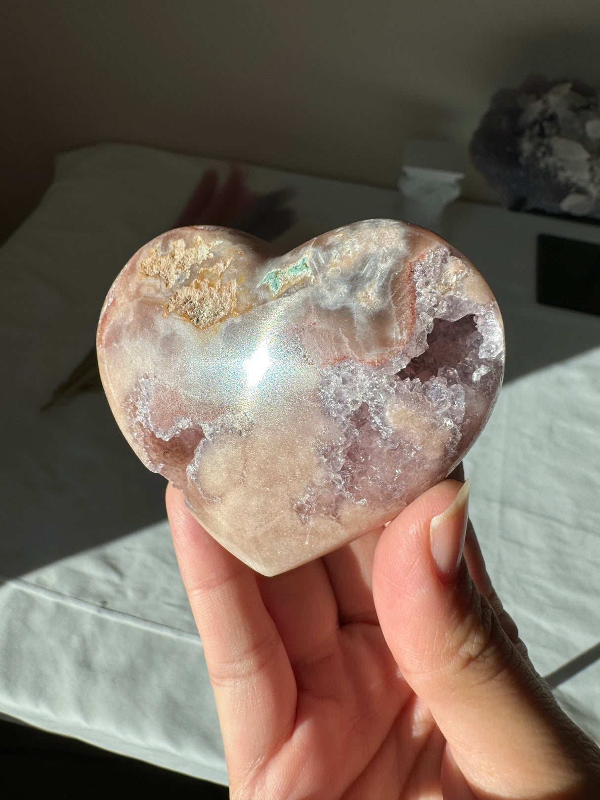 Double Sided Pink Amethyst Heart with Amethyst Veins and Druzy