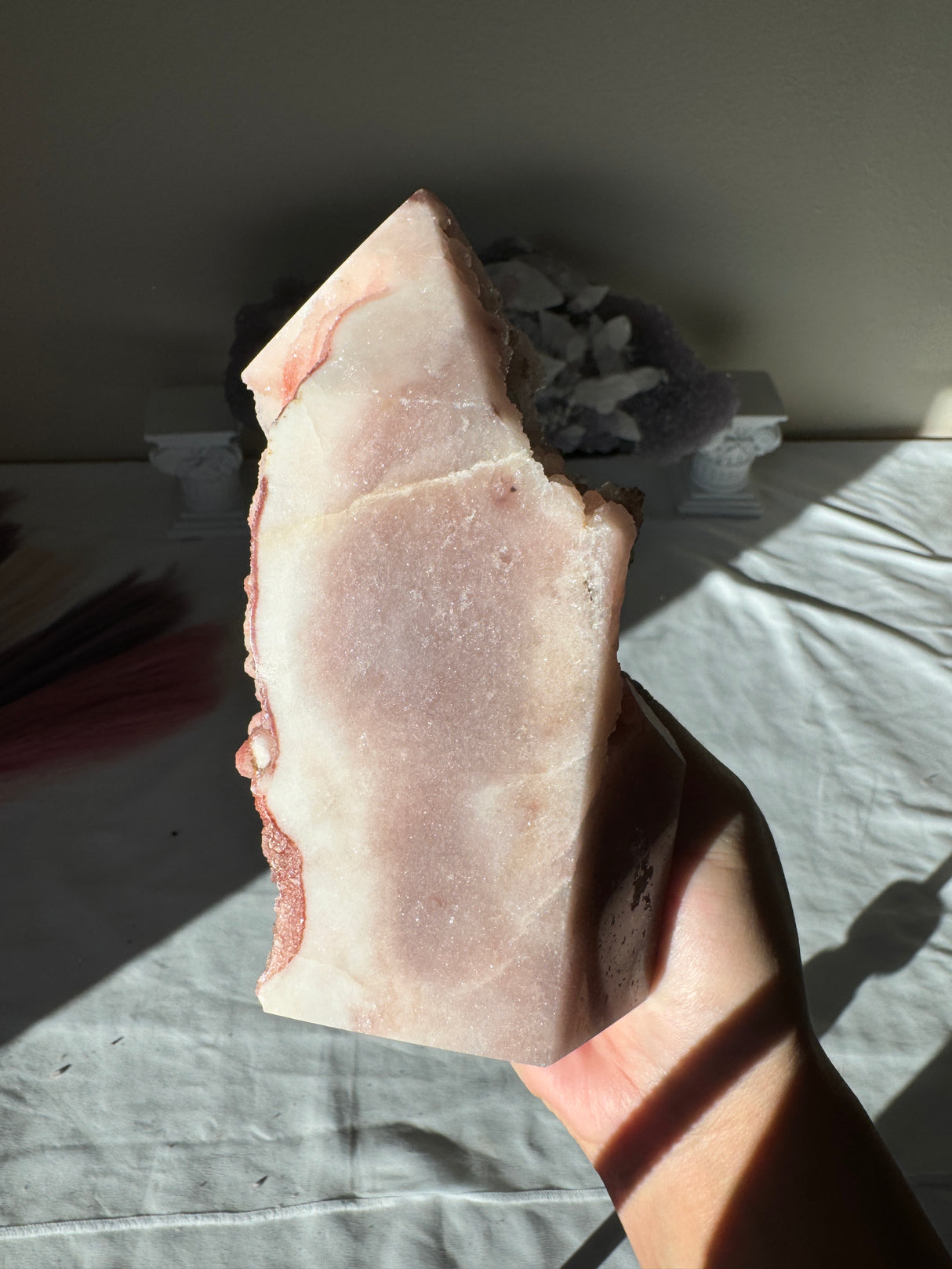 Chunky Double Sided Pink Amethyst Tower with Red Druzy