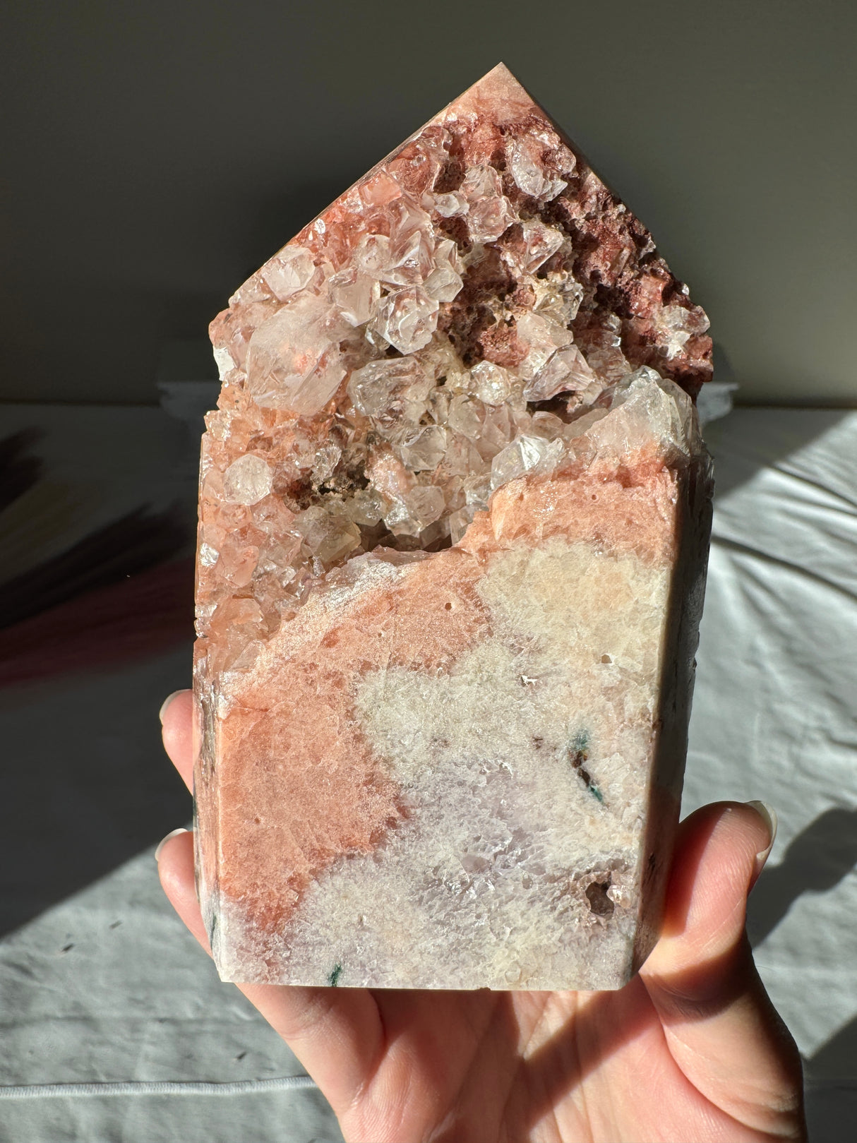 Pink Amethyst Tower with Quartz Points and Green Jasper