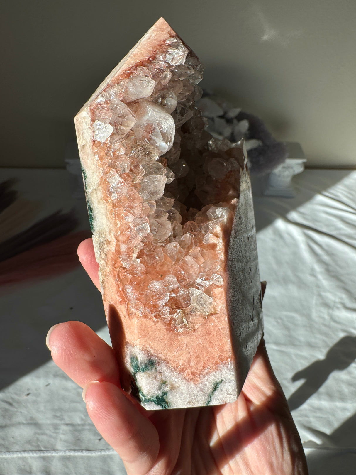 Pink Amethyst Tower with Quartz Points and Green Jasper