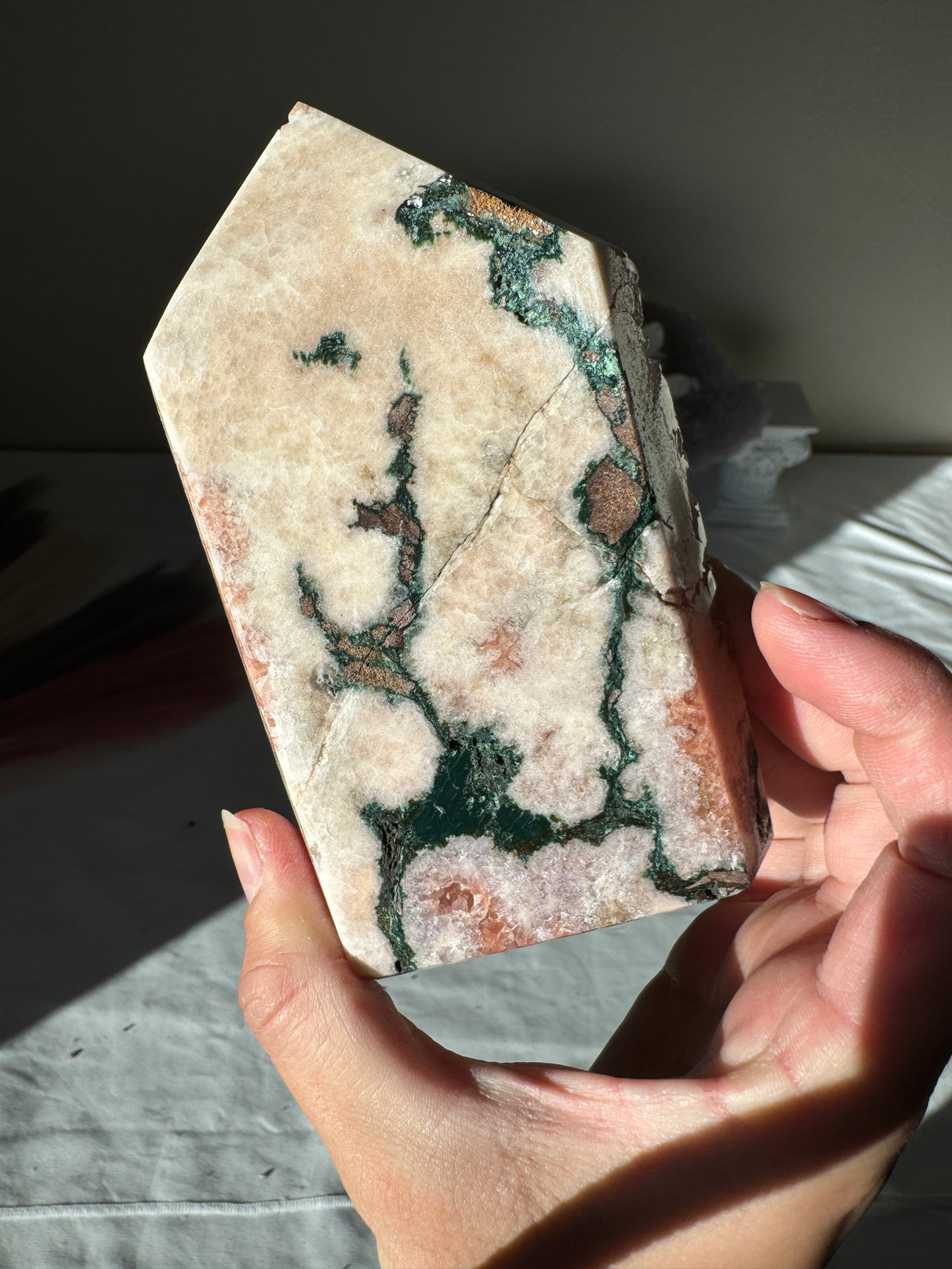 Pink Amethyst Tower with Quartz Points and Green Jasper