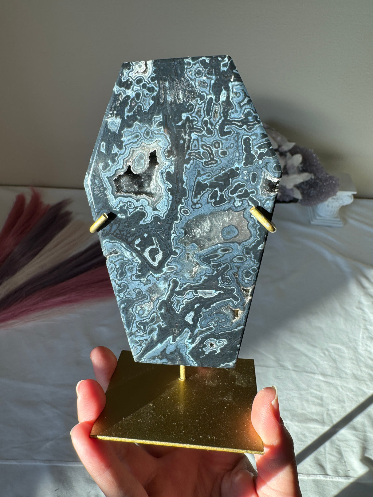 Navy Blue Druzy Agate Coffin on Gold Stand
