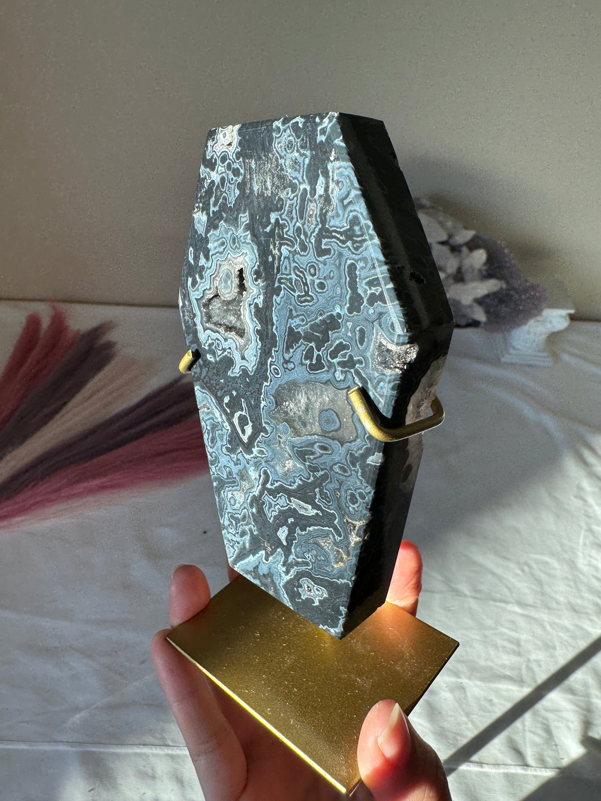 Navy Blue Druzy Agate Coffin on Gold Stand