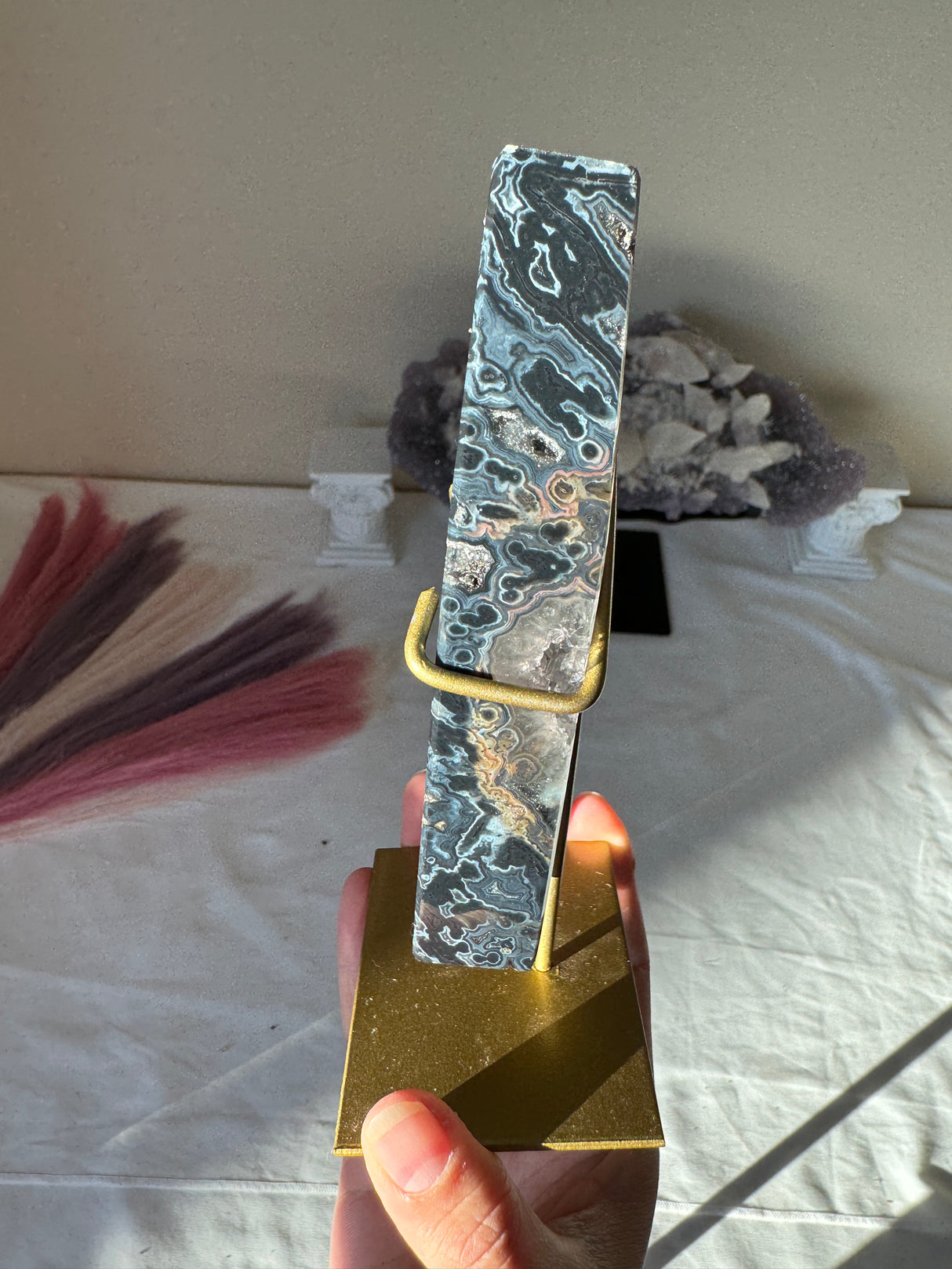 Navy Blue Druzy Agate Coffin on Gold Stand