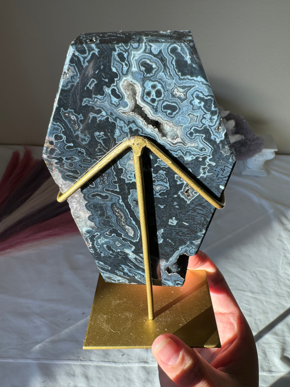 Navy Blue Druzy Agate Coffin on Gold Stand