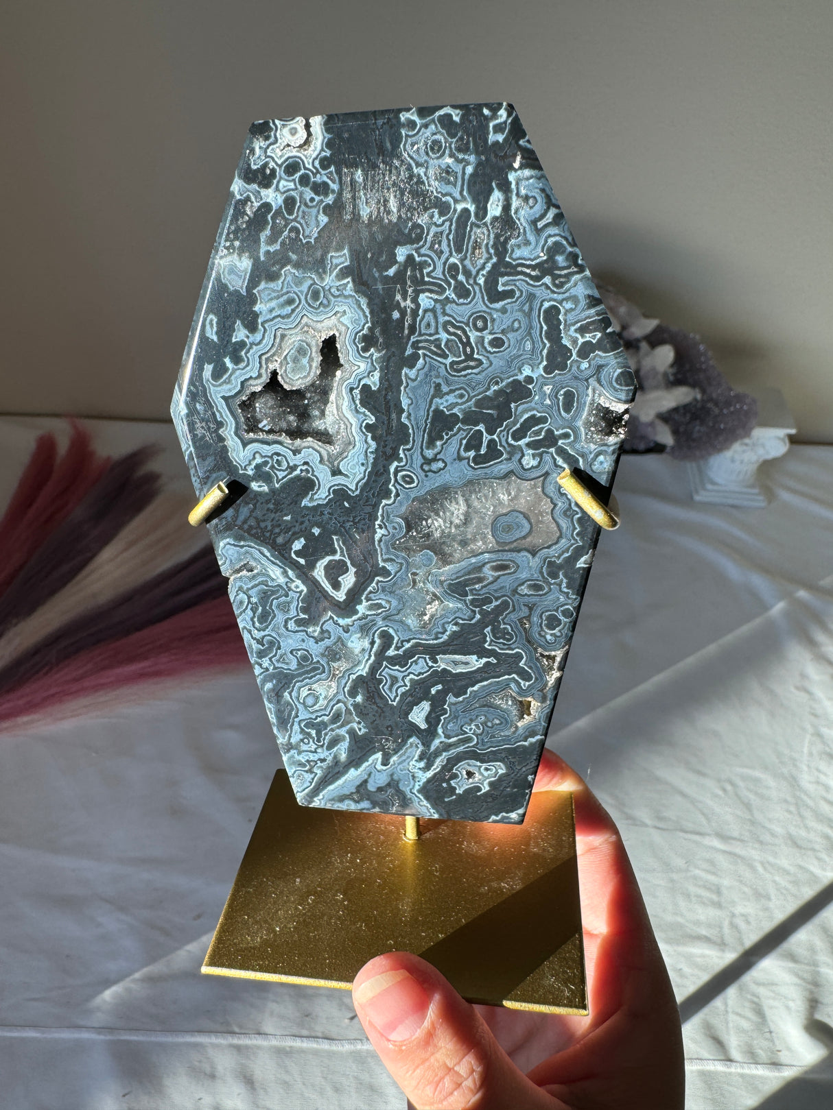 Navy Blue Druzy Agate Coffin on Gold Stand