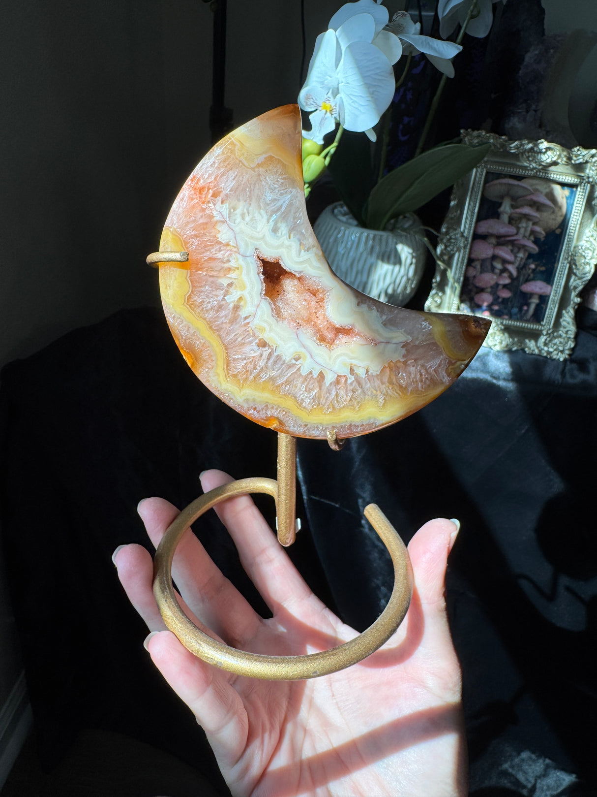 Sun Kissed Druzy Agate Moon on stand