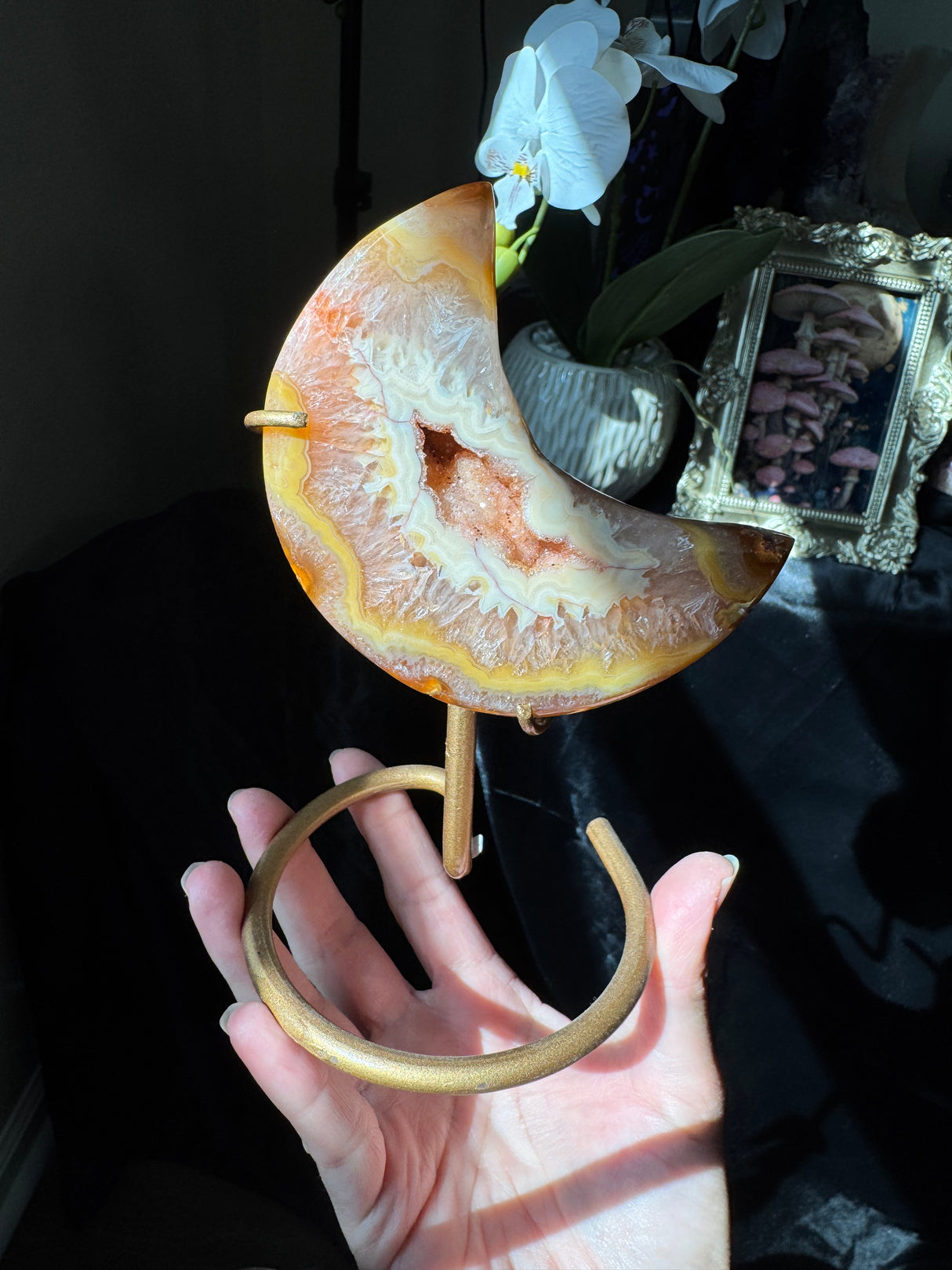 Sun Kissed Druzy Agate Moon on stand