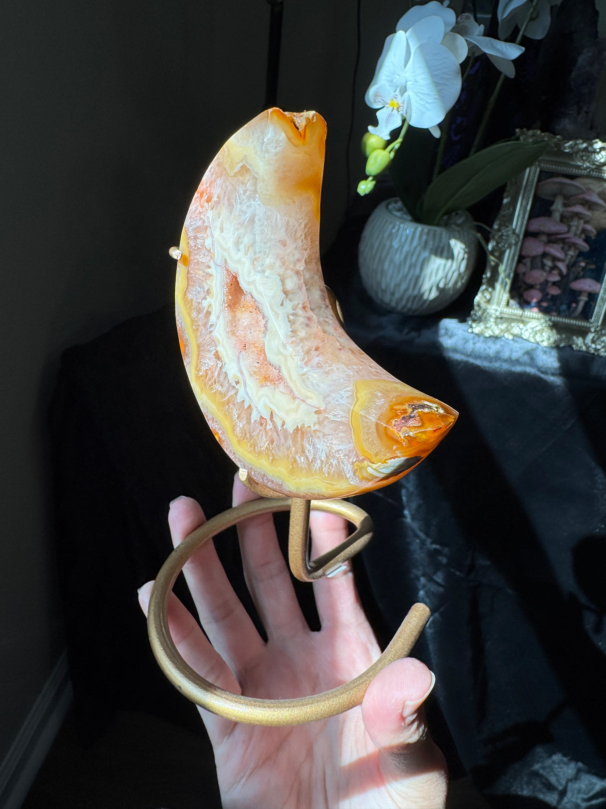 Sun Kissed Druzy Agate Moon on stand