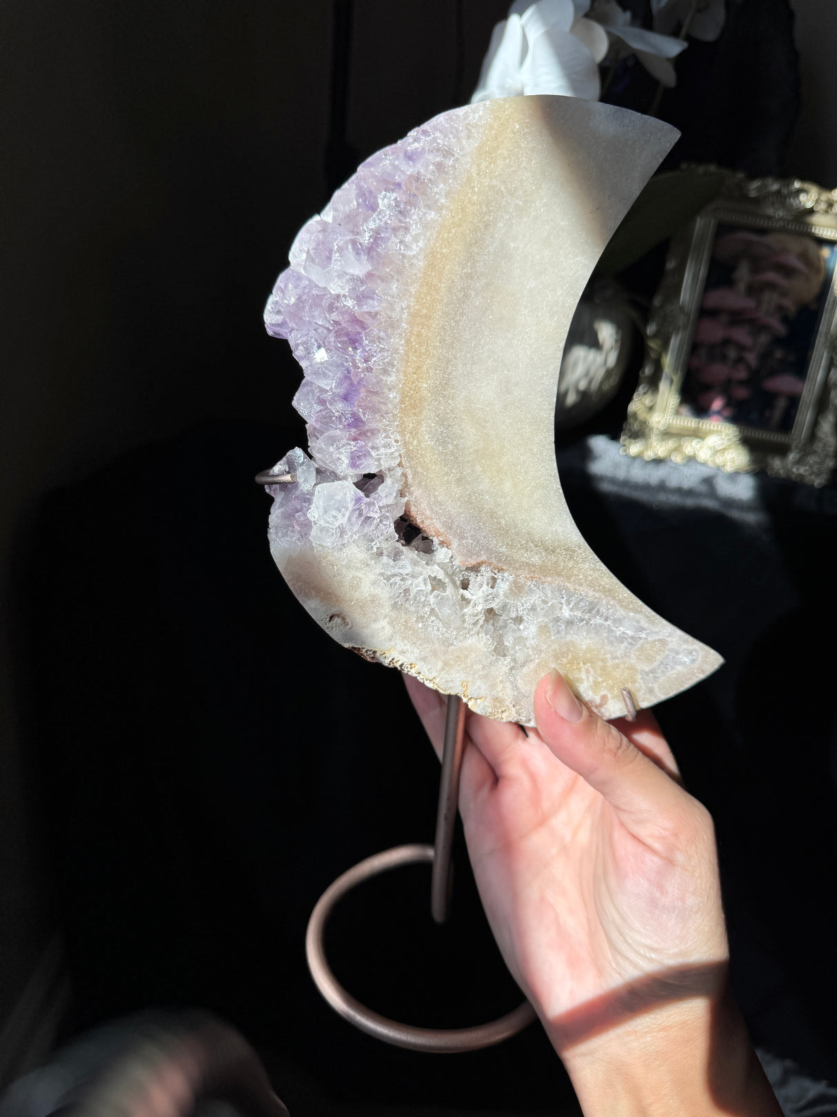 Large Pink Amethyst Moon on stand