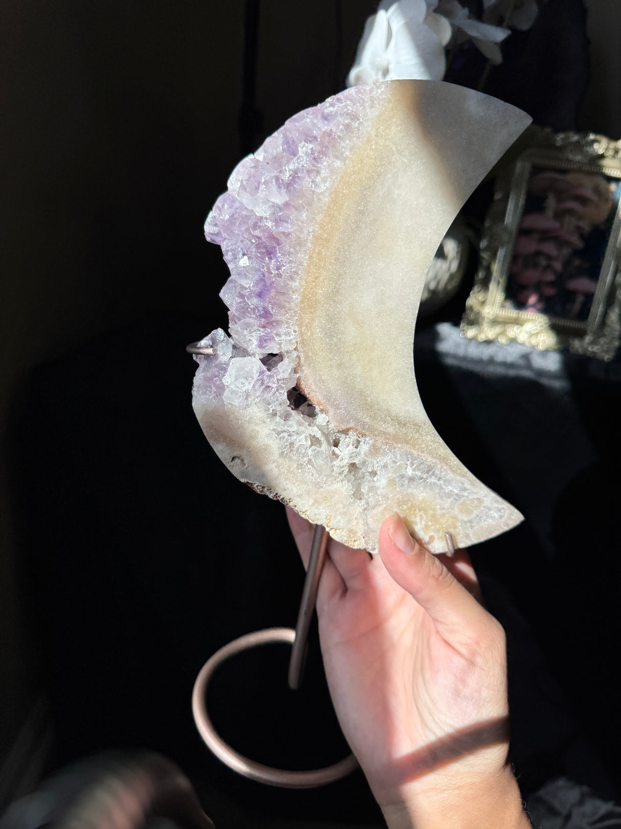 Large Pink Amethyst Moon on stand