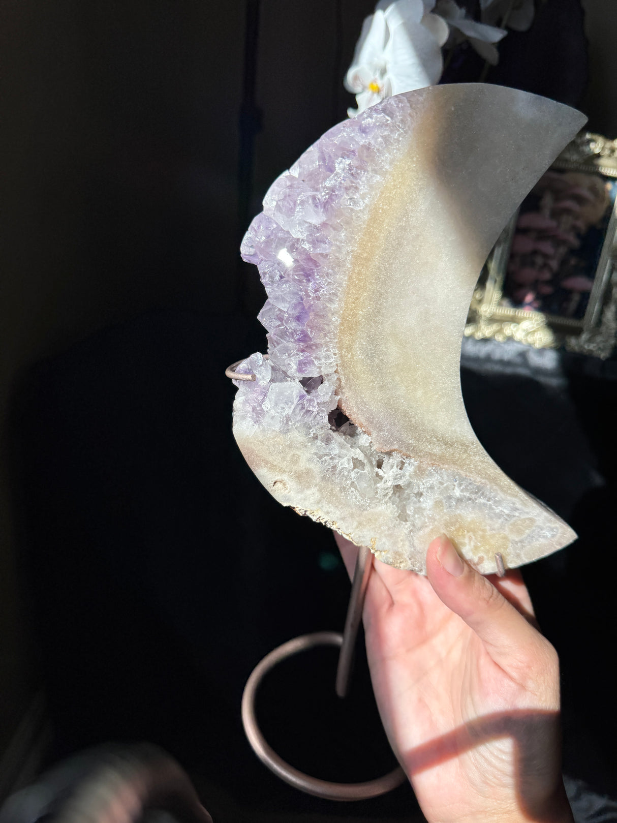 Large Pink Amethyst Moon on stand