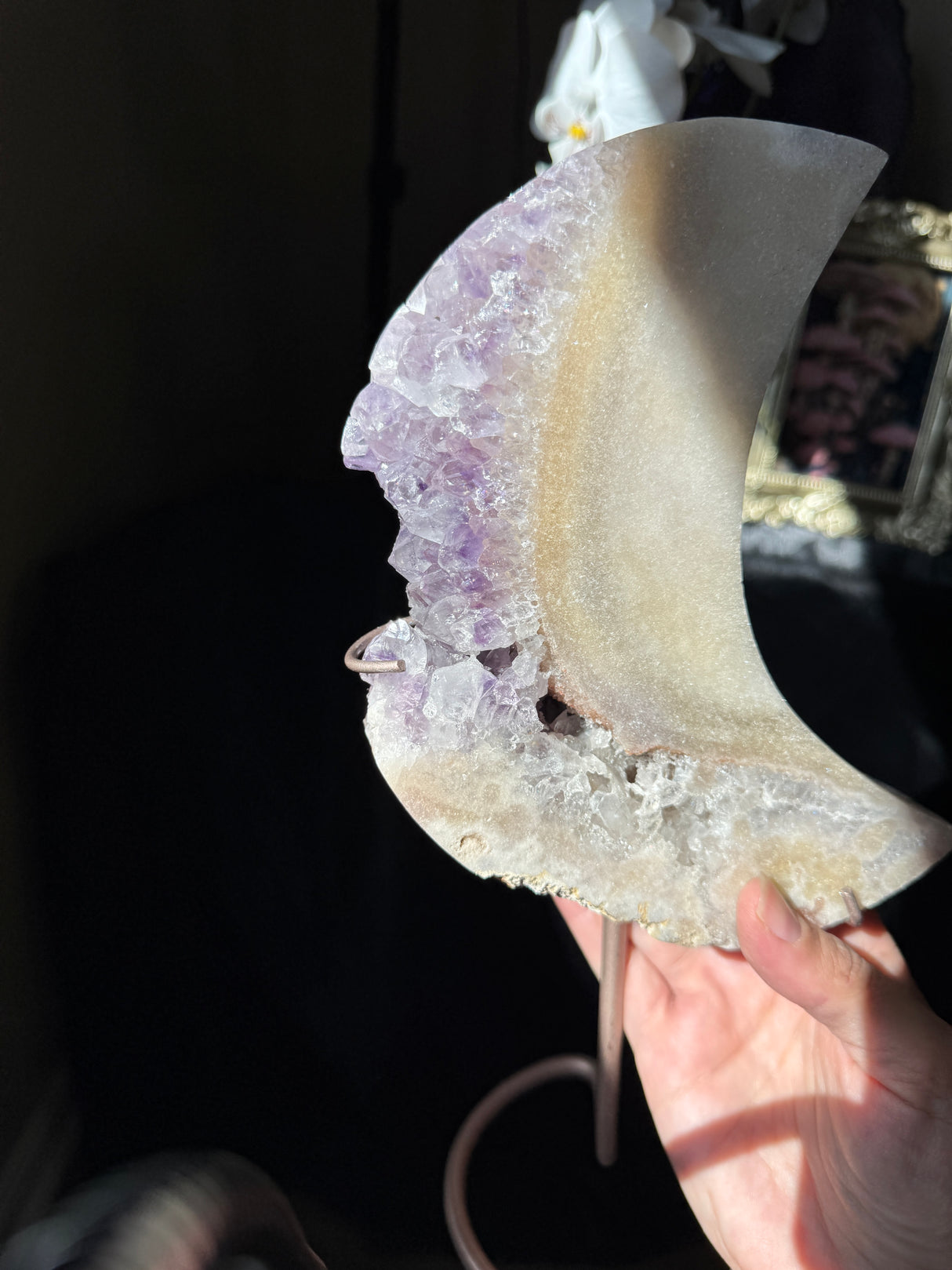 Large Pink Amethyst Moon on stand