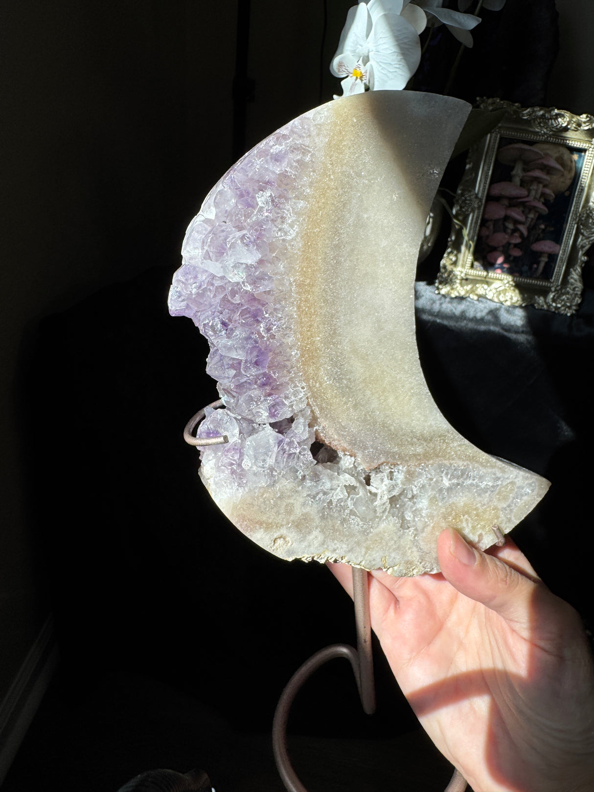 Large Pink Amethyst Moon on stand