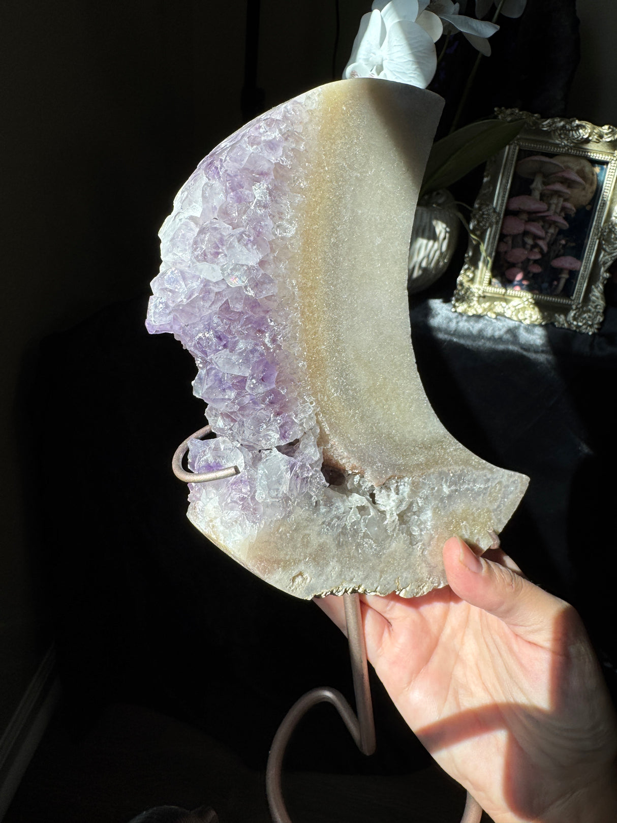 Large Pink Amethyst Moon on stand