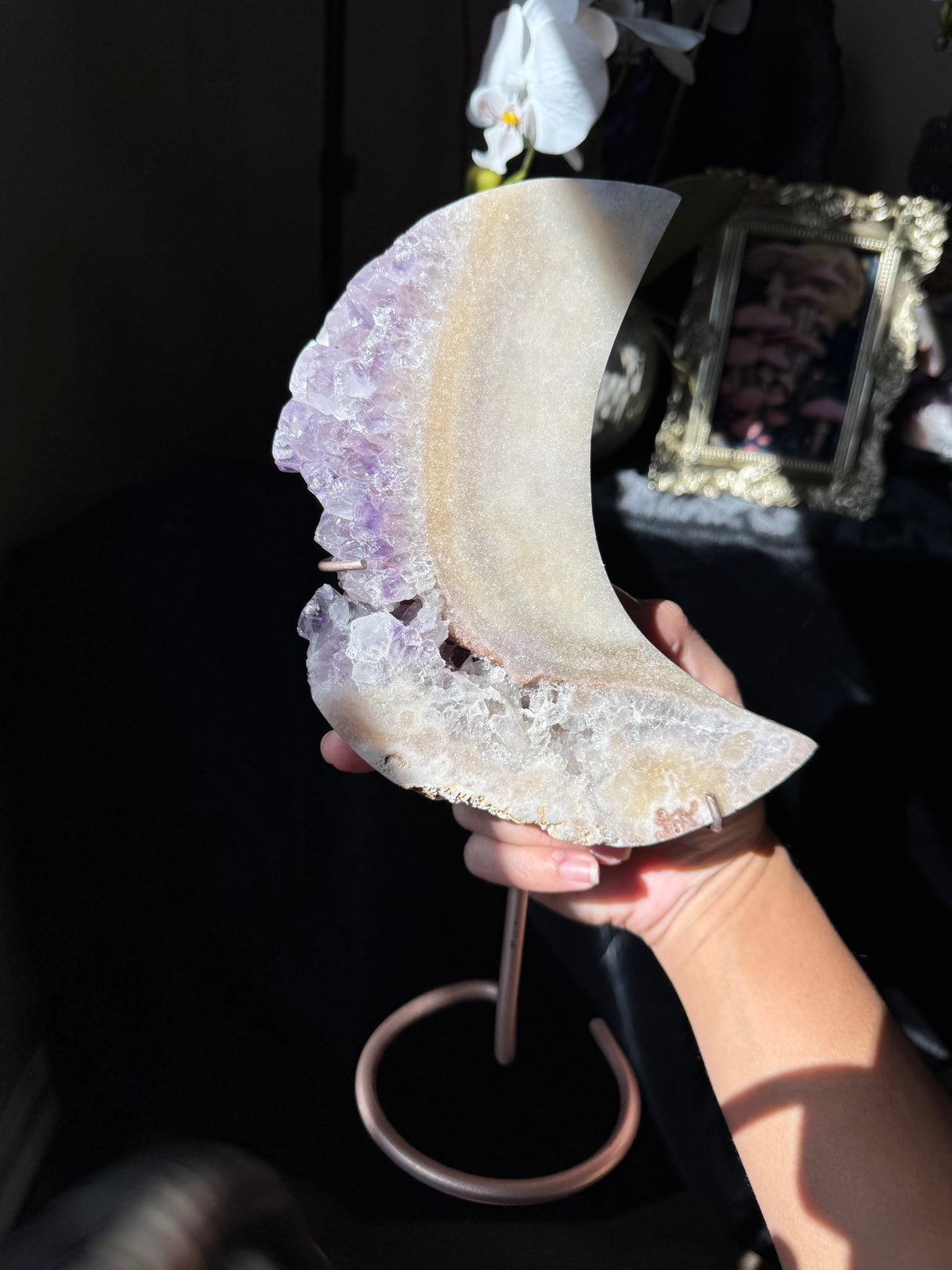 Large Pink Amethyst Moon on stand